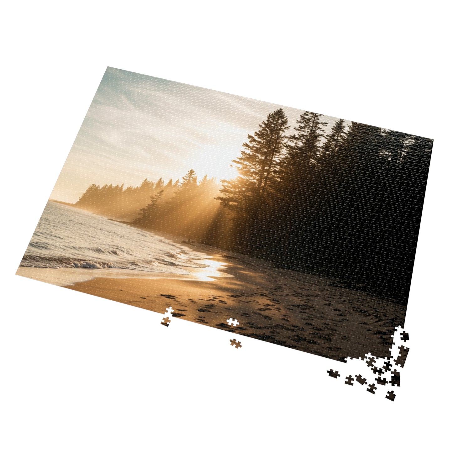 Forest Beach Sunset Jigsaw Puzzle (252–2000 pcs),  Warm Sunset, Trees & Sand Path, Forest Coastline and Sunbeams, Premium Tin Gift,  Footprints in Sand