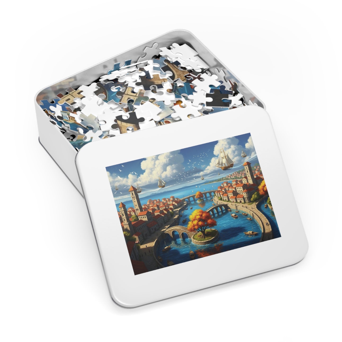 Floating Ships Over the Canal City, Coastal Town, Sailing Ships & Bridge Jigsaw Puzzle ✨