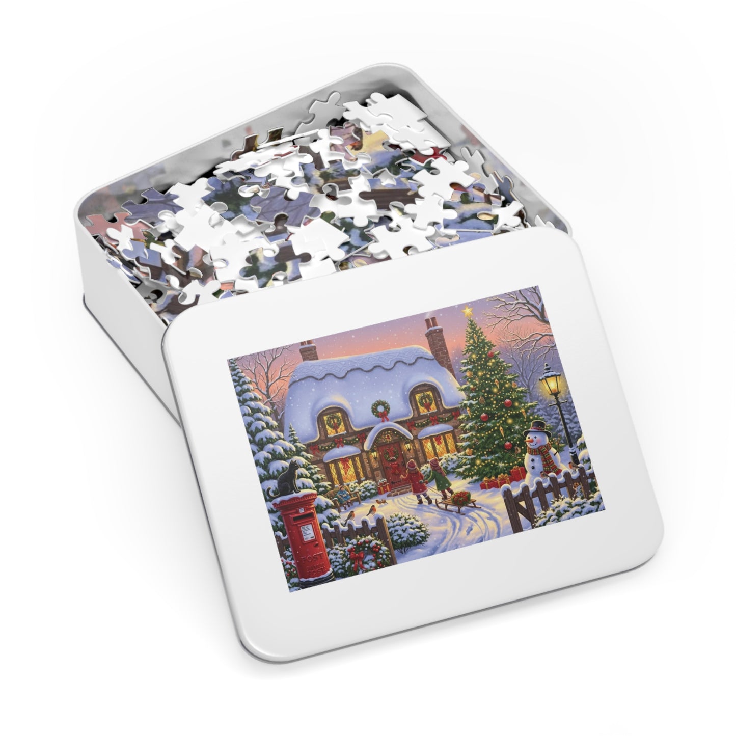 Christmas Cottage Jigsaw Puzzle with Tree Snowman and Sled