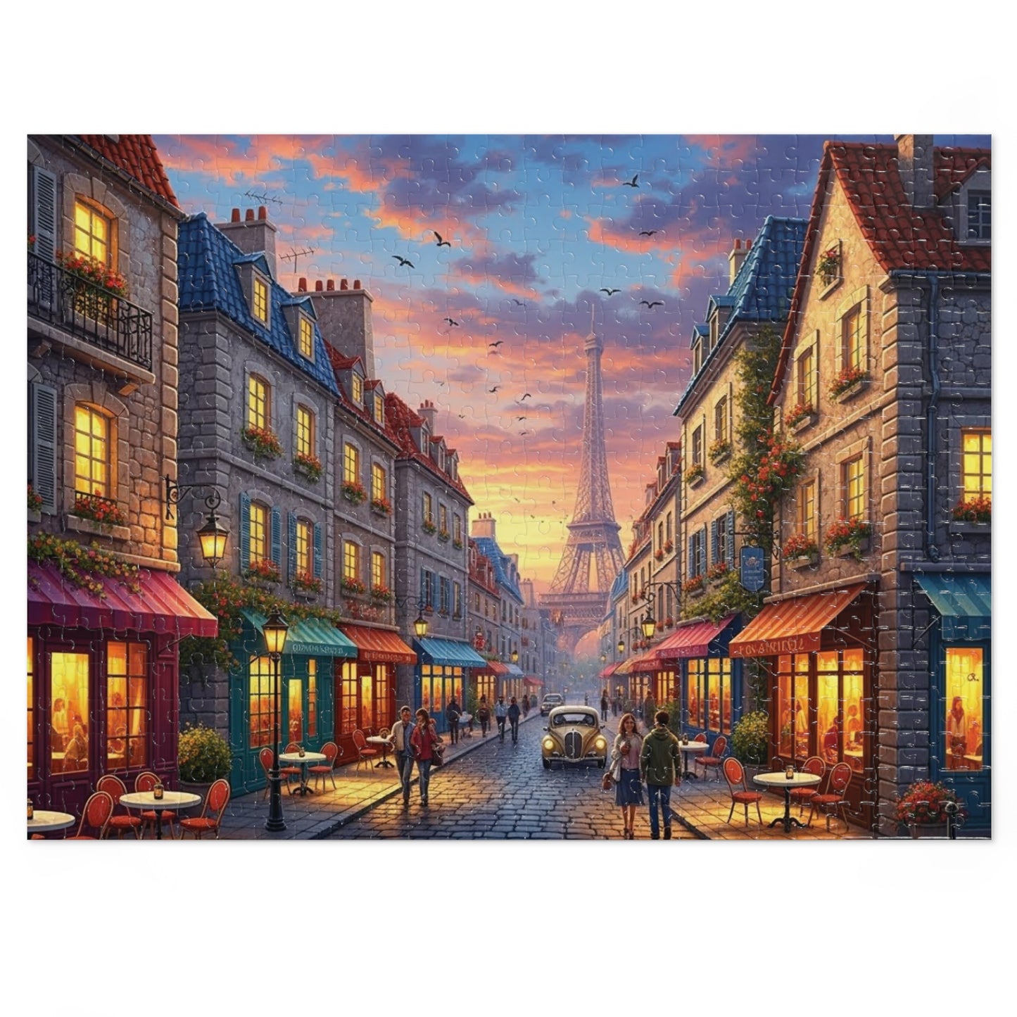 Paris Sunset Café Street Jigsaw Puzzle with Eiffel Tower