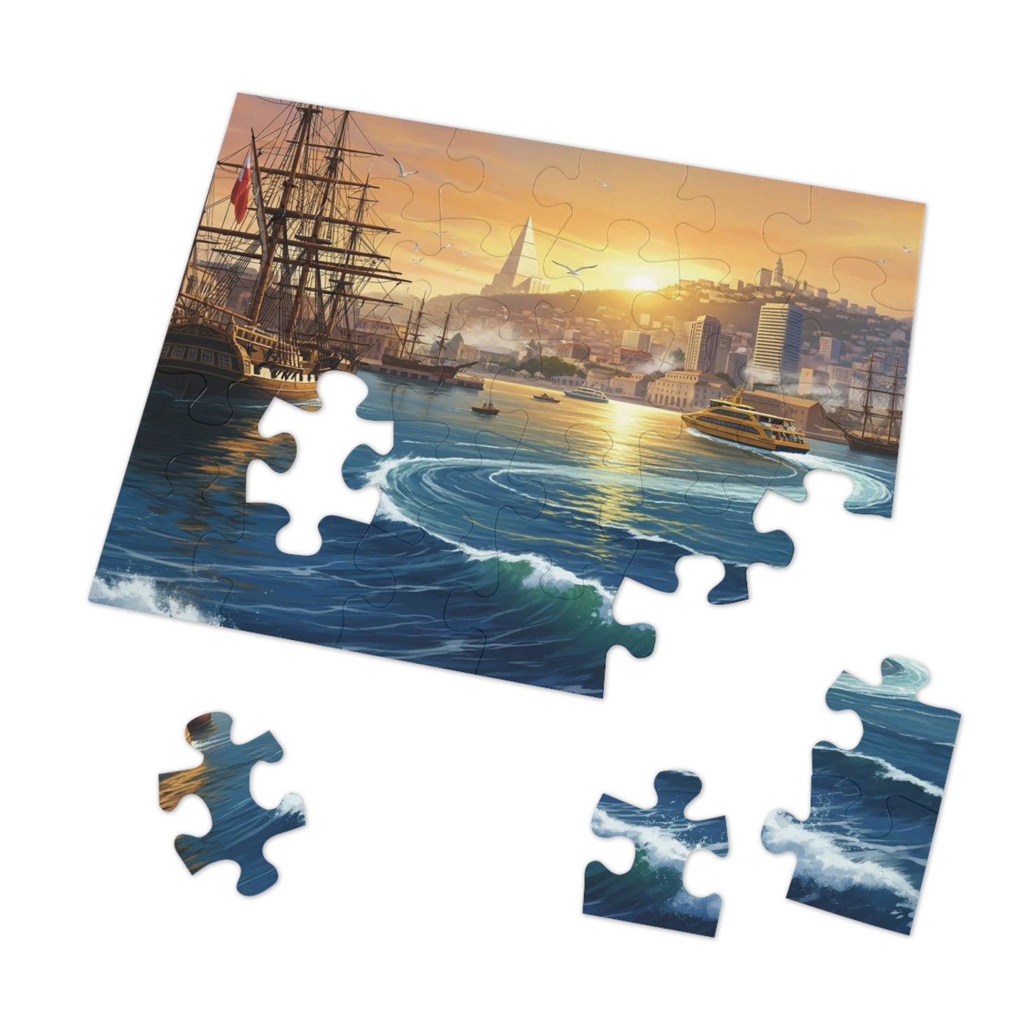 Sunset Harbor Jigsaw Puzzle |  Coastal City Sailing