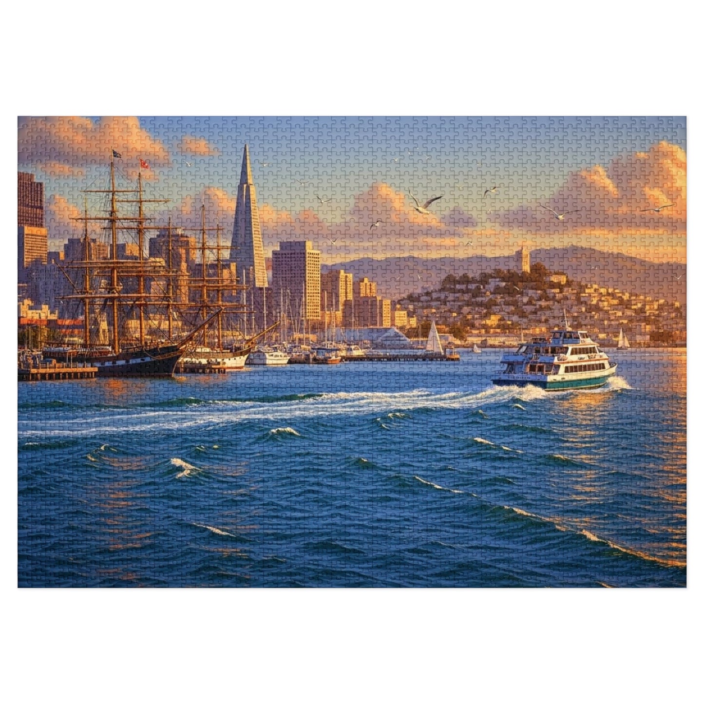 Coastal City at Sunset Jigsaw Puzzle | Nautical Waterfront Art