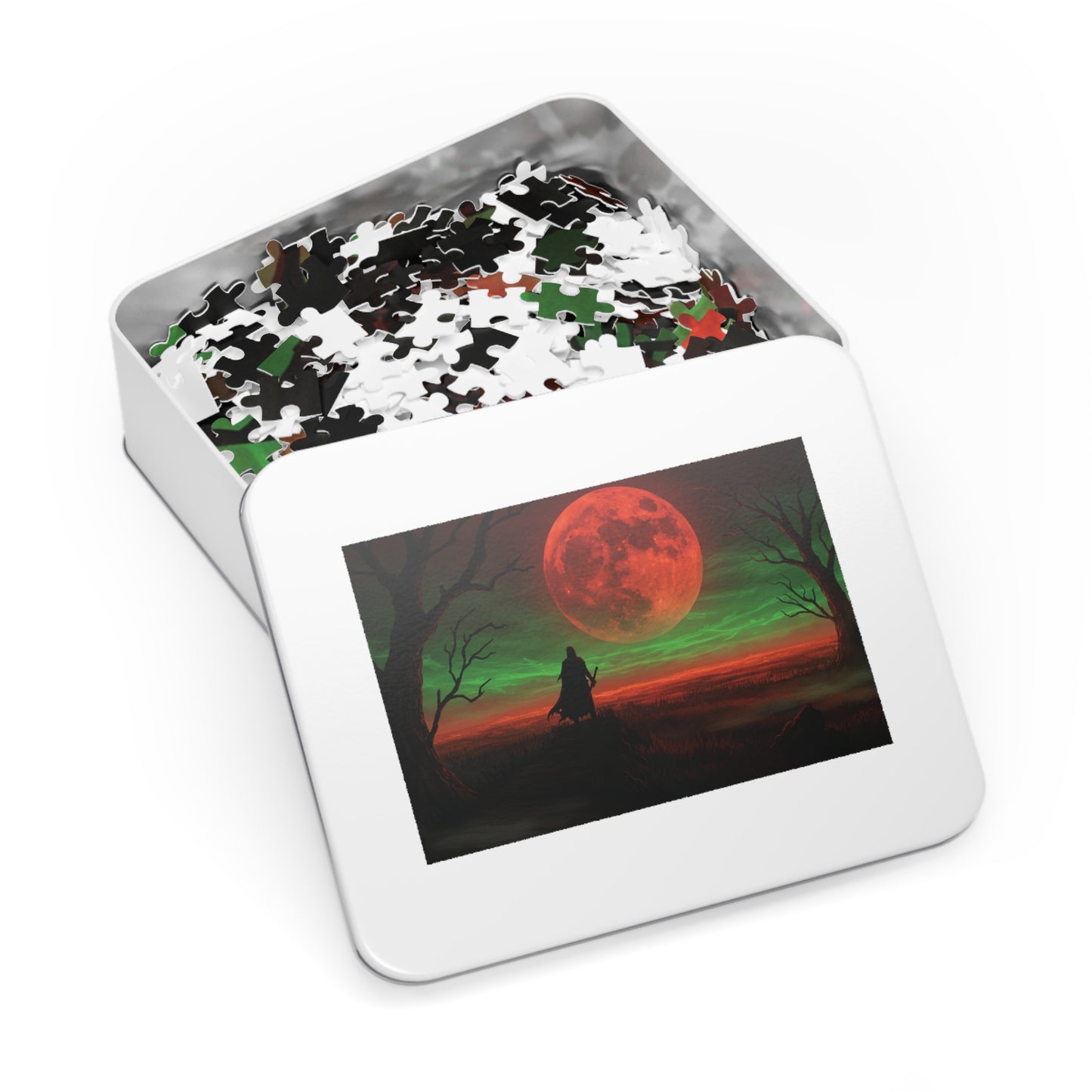 110, 252, 500, 1000, 2000 Mystical Red Moon Jigsaw Puzzle, Blood Moon Warrior Puzzle, Apocalyptic Red Moon Puzzle, Shadow Path Puzzle, Dark Fantasy Puzzle, Crimson Sky Puzzle