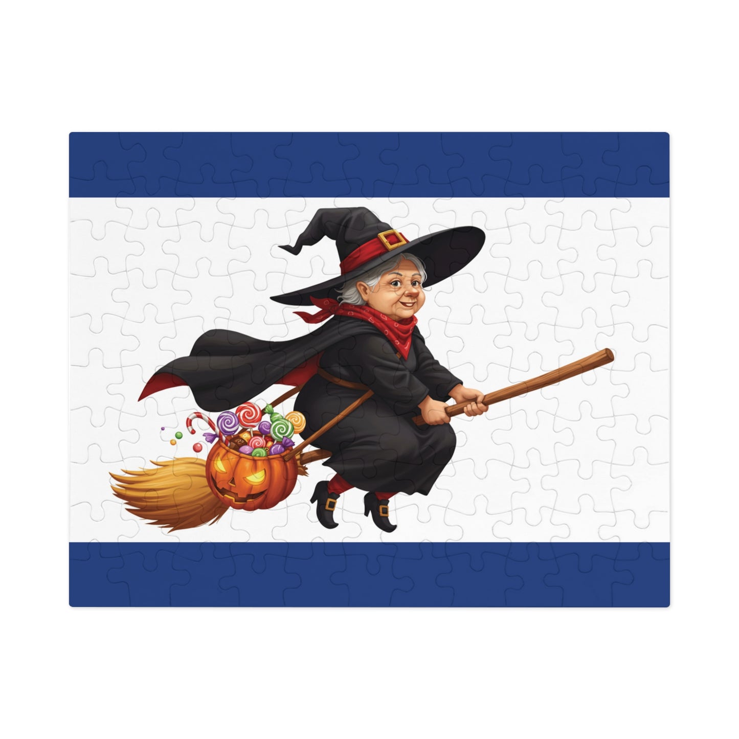 30, 110, 252, 500 Cartoon Witch on Broom Halloween Jigsaw Puzzle – Trick or Treat Theme, Halloween Witch Puzzle, Halloween Candy Pumpkin Art, Broomstick Ride & Sweets