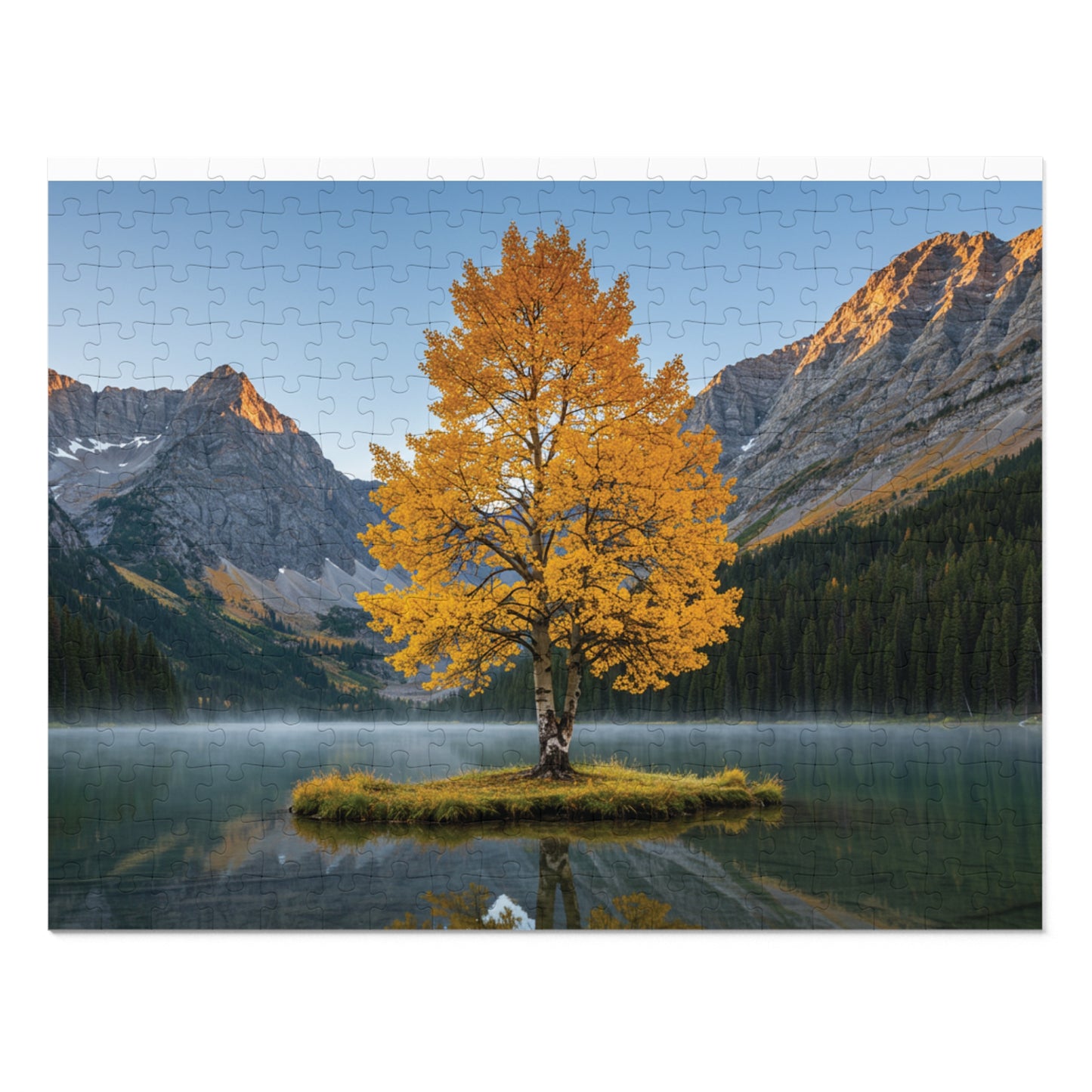 110, 252, 500, 1000, 2000 Autumn Landscape Jigsaw Puzzle with Tin, Golden Autumn Tree Lake Puzzle, Autumn Tree & Calm Waters, Misty Lake and Rocky Peaks Jigsaw