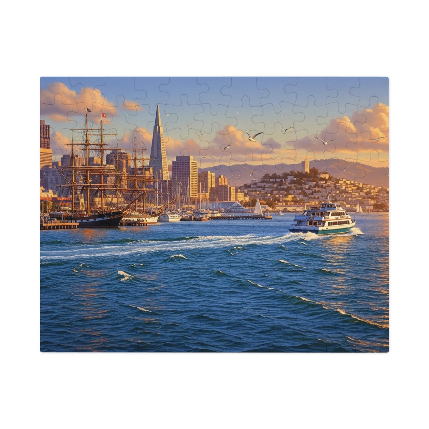 Coastal City at Sunset Jigsaw Puzzle | Nautical Waterfront Art
