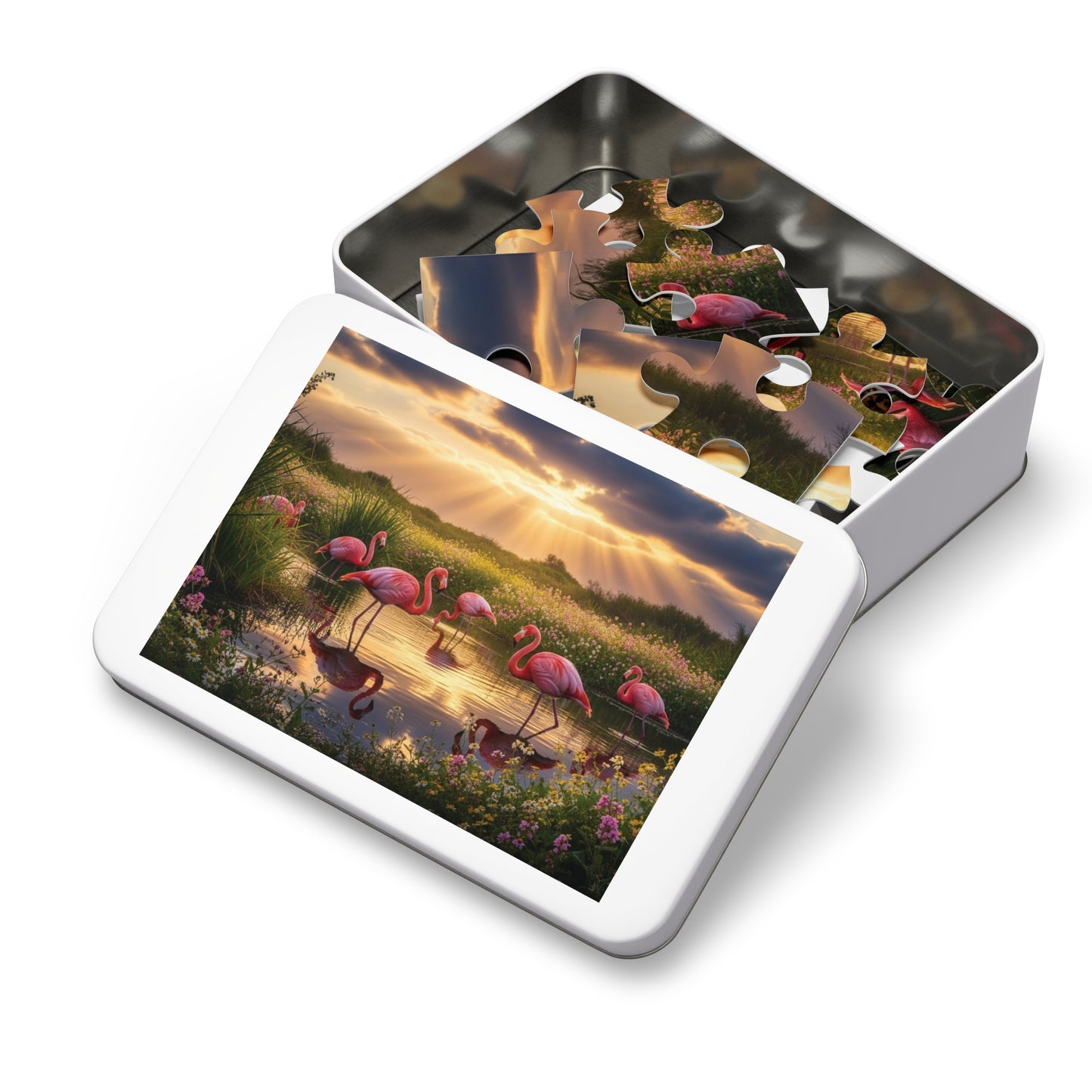 Flamingo Sunset Paradise Jigsaw Puzzle | Serene Nature Wildlife Scene at Golden Hour