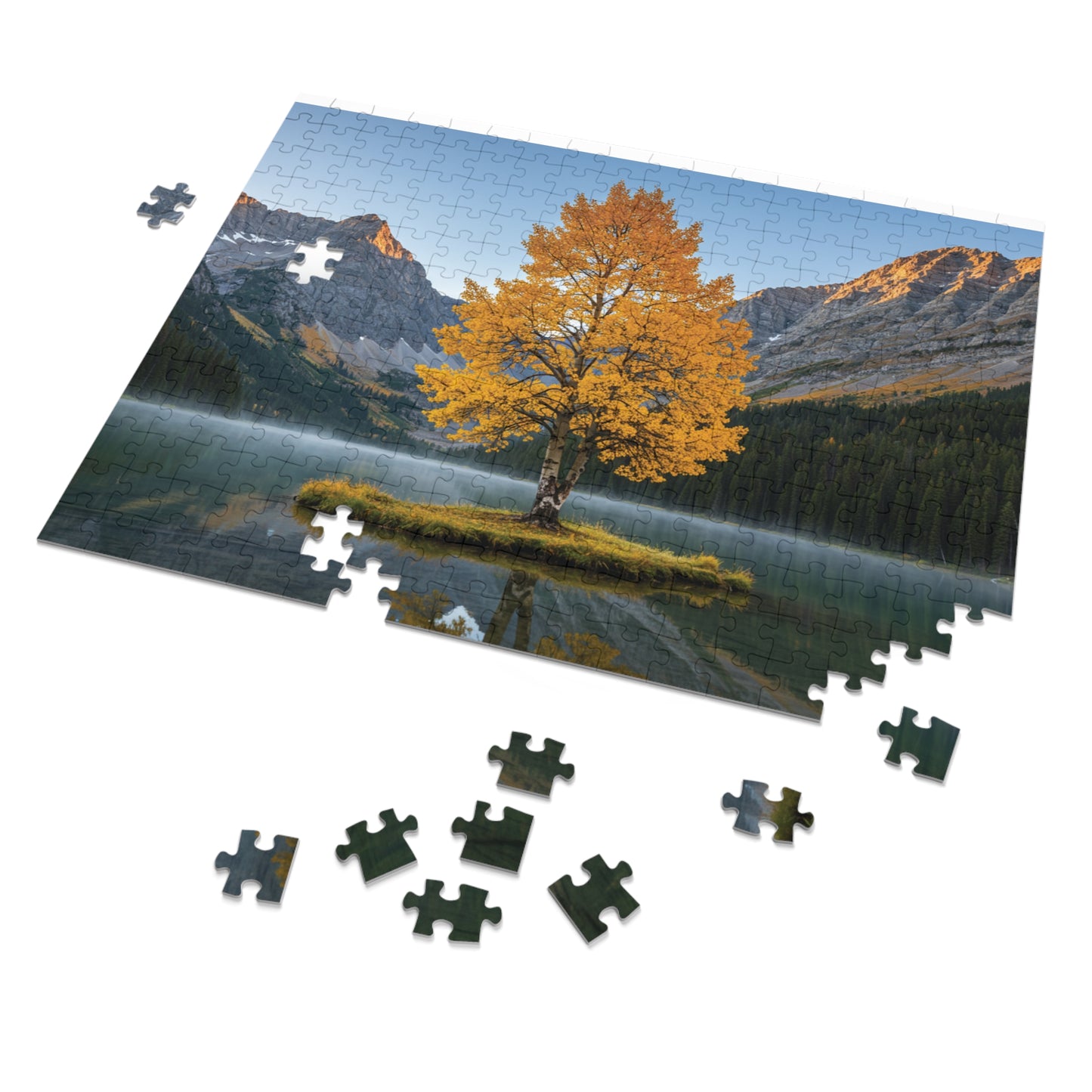 110, 252, 500, 1000, 2000 Autumn Landscape Jigsaw Puzzle with Tin, Golden Autumn Tree Lake Puzzle, Autumn Tree & Calm Waters, Misty Lake and Rocky Peaks Jigsaw
