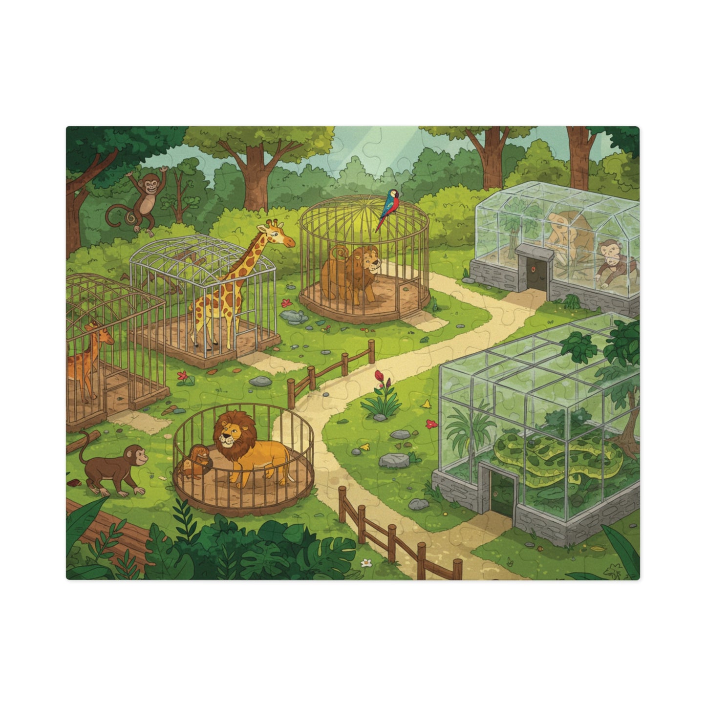 30, 110, 252 pcs Whimsical Zoo Jigsaw Puzzle, Cartoon Zoo Jigsaw Puzzle, Giraffes, Lions, Monkeys, and Parrots, Animated Animal Park Jigsaw, Lively Zoo Puzzle, Family Friendly Zoo Jigsaw Puzzle