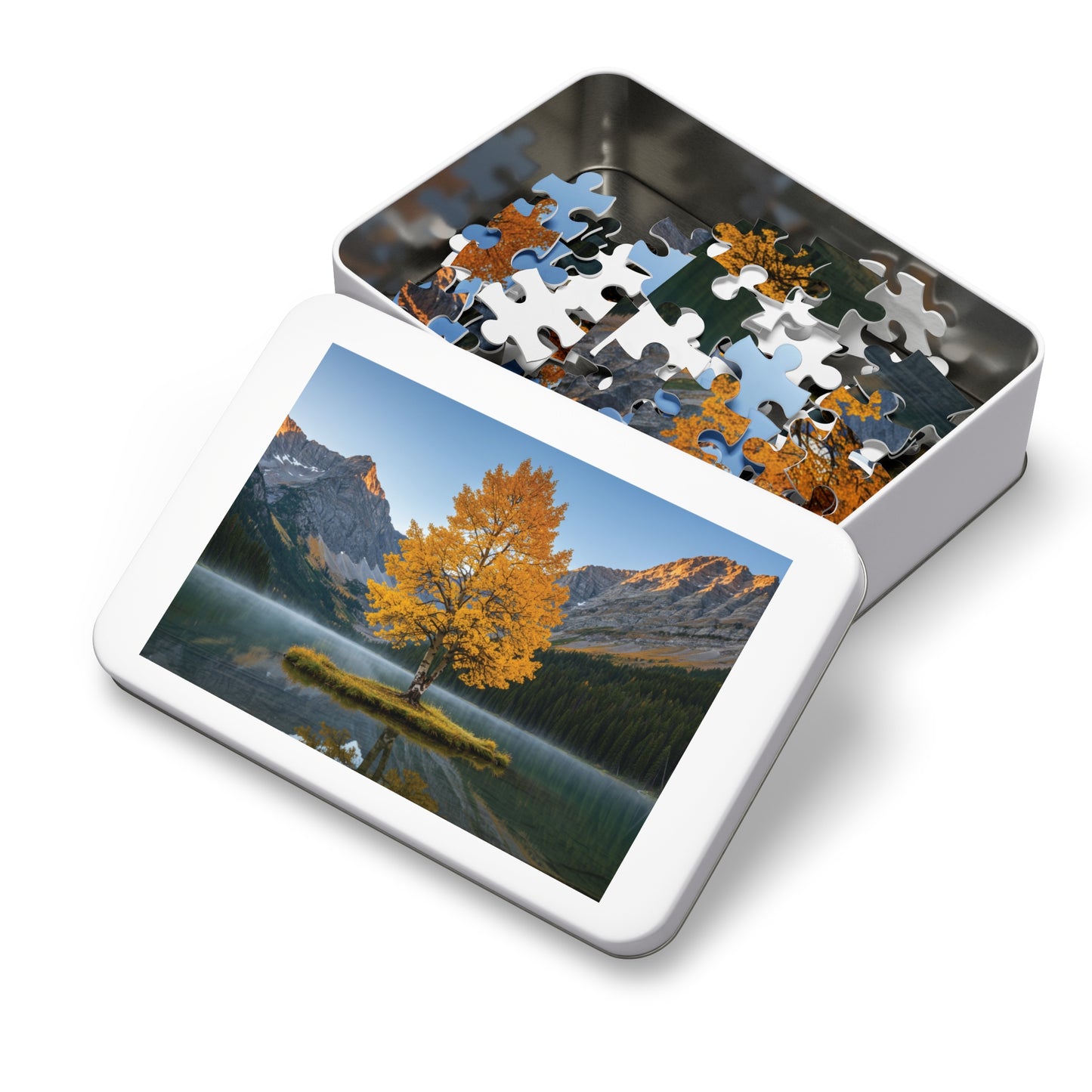 110, 252, 500, 1000, 2000 Autumn Landscape Jigsaw Puzzle with Tin, Golden Autumn Tree Lake Puzzle, Autumn Tree & Calm Waters, Misty Lake and Rocky Peaks Jigsaw
