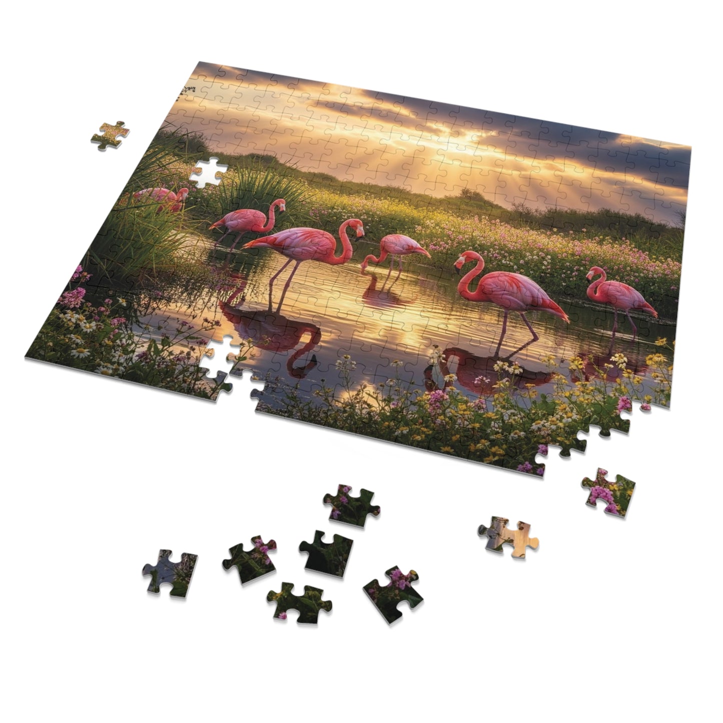 Flamingo Sunset Paradise Jigsaw Puzzle | Serene Nature Wildlife Scene at Golden Hour