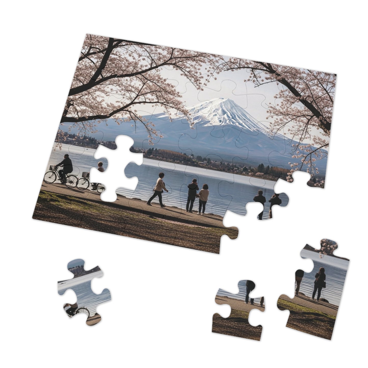 Mount Fuji Cherry Blossom Lake Jigsaw Puzzle 🌸 Snow Capped Peak, Sakura Frames & Serene Japan View