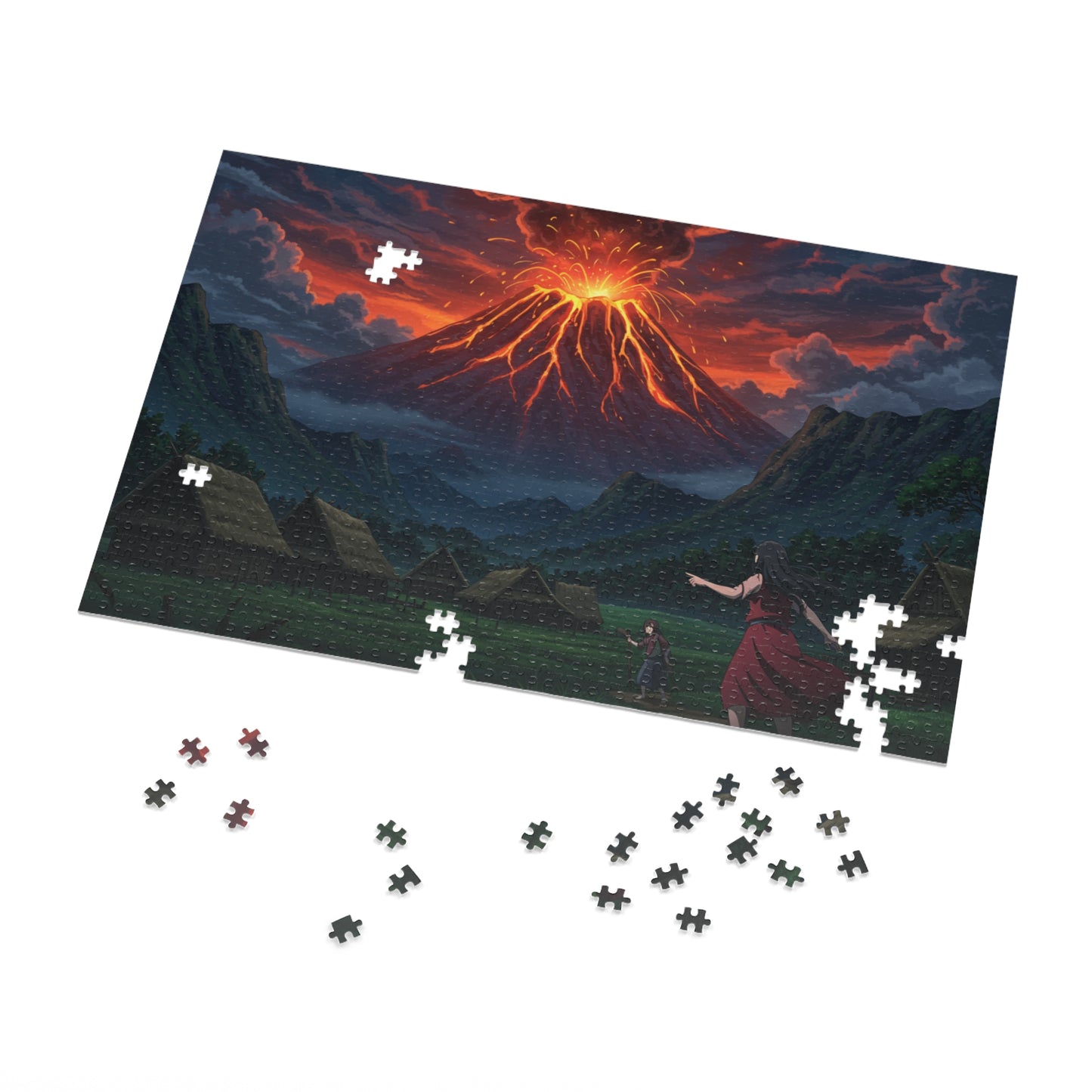 110, 252, 500, 1000 pcs Volcano Eruption Jigsaw Puzzle, Explosive Landscape Puzzle, Lava Flow and Smoke Over Mountainous Horizon