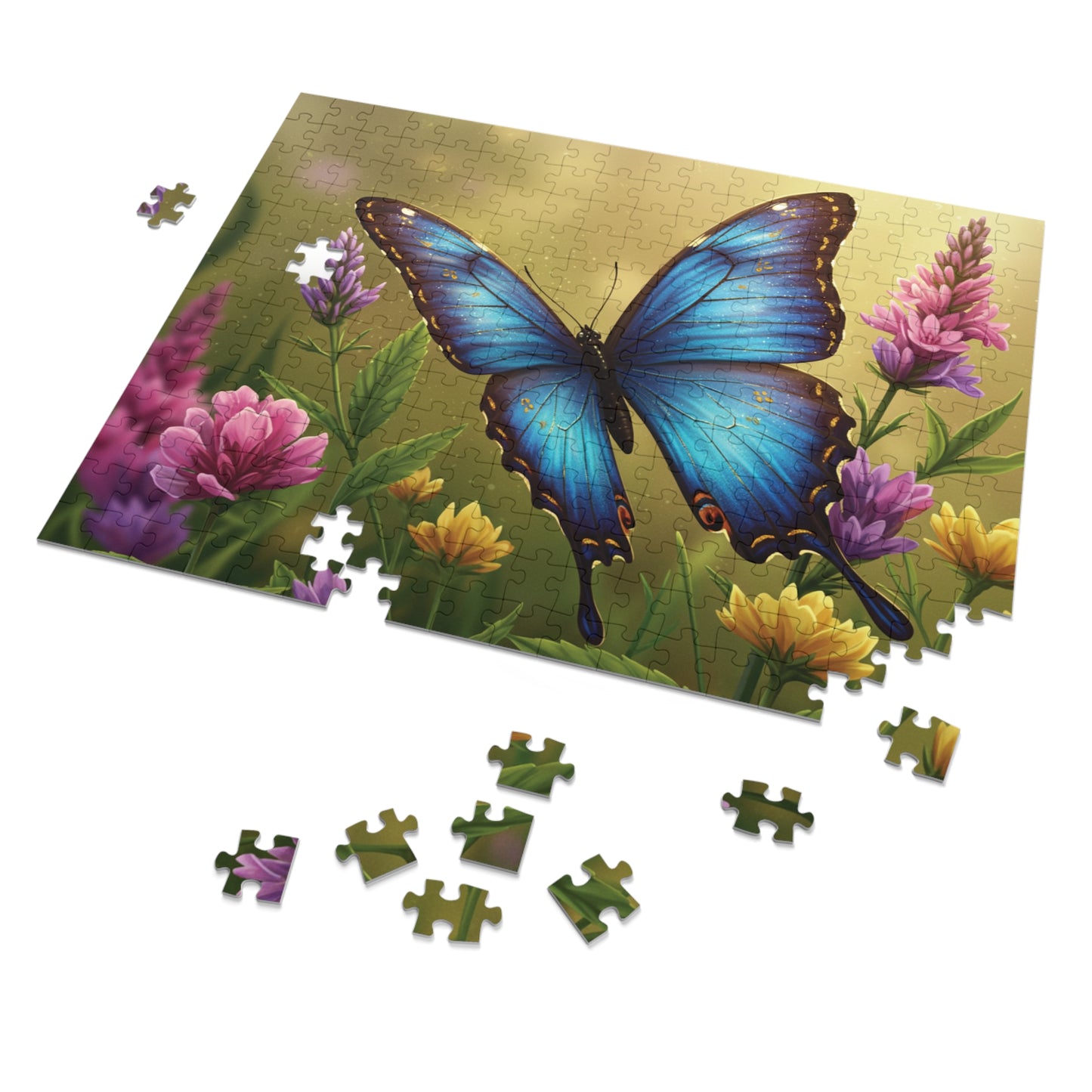 30, 110, 252, 500 | Blue Butterfly Among Spring Wildflowers | Vibrant Garden Scene | Nature Jigsaw Puzzle | Bloom & Wings Puzzle Art | Butterfly Blossom Jigsaw Puzzle with Tin