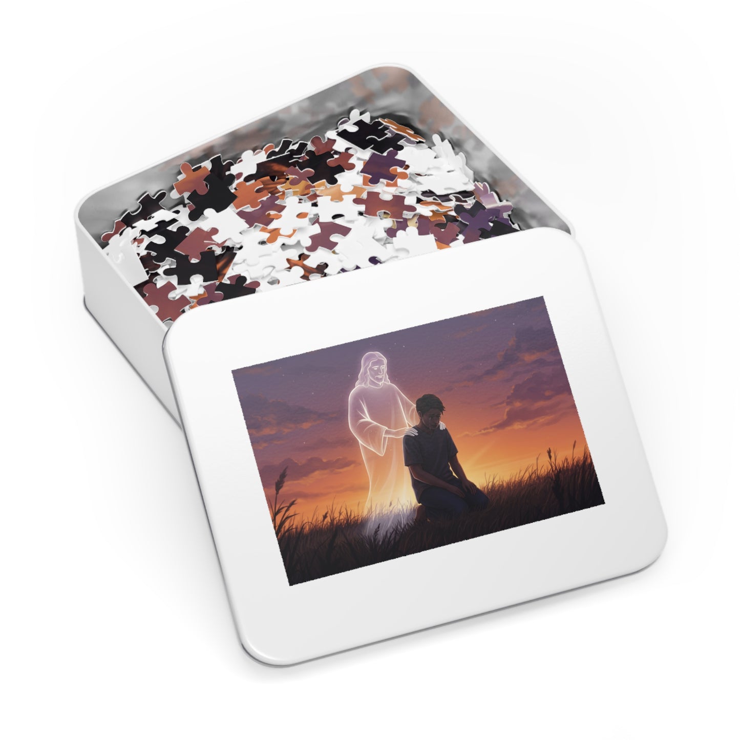 110, 252, 500, 1000 Spiritual Reflection Jigsaw Puzzle with Tin, Sunset Prayer and Heavenly Light Design, Kneeling Figure, Angelic Presence Jigsaw puzzle