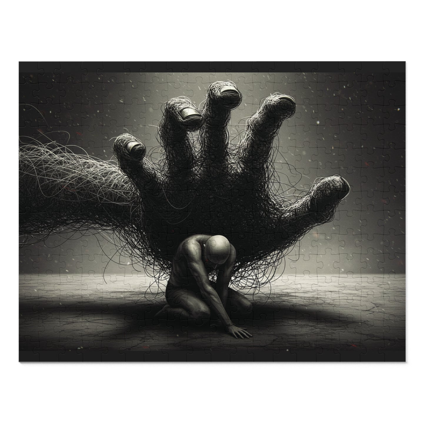 110, 252, 500, 1000, 2000 Dark Abstract Wire Hand Jigsaw Puzzle, Tangled Hand and Kneeling Figure, Oppression and Chaos Puzzle