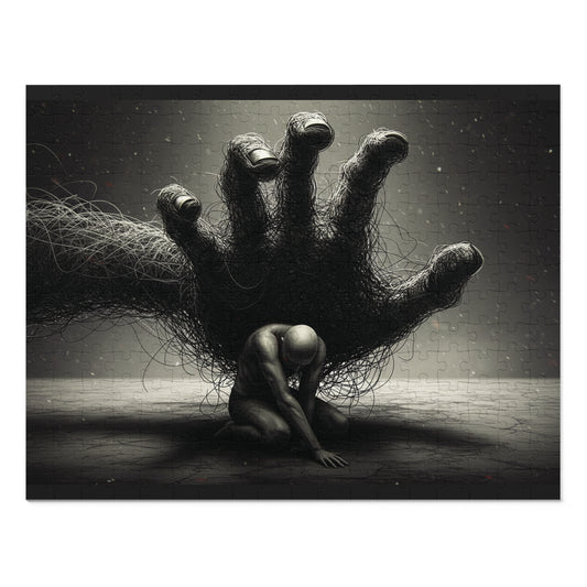 110, 252, 500, 1000, 2000 Dark Abstract Wire Hand Jigsaw Puzzle, Tangled Hand and Kneeling Figure, Oppression and Chaos Puzzle