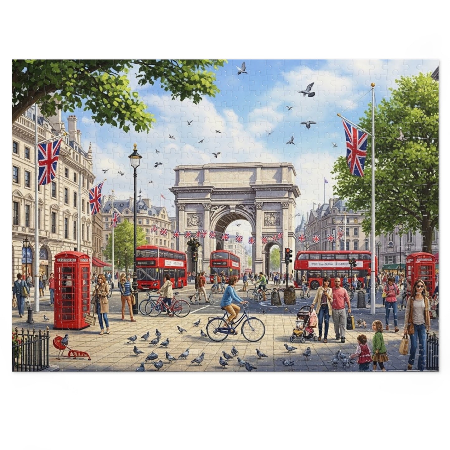 Historic London Arch Jigsaw Puzzle with Red Buses Cyclists and Crowds
