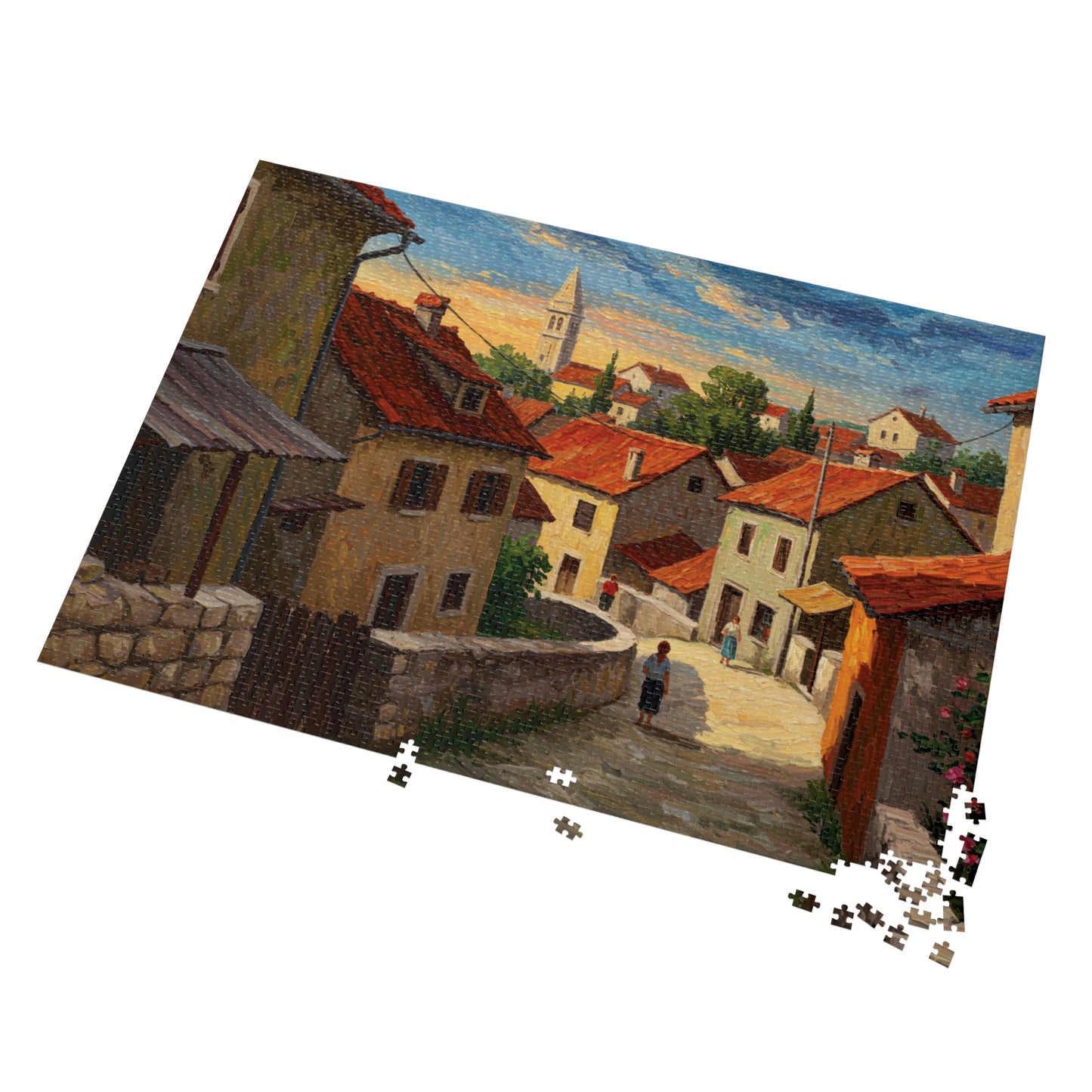 110, 252, 500, 1000, 2000 Mediterranean Village Jigsaw Puzzle Jigsaw Puzzle, Rustic European Village, Old World Architecture and Warm Colors