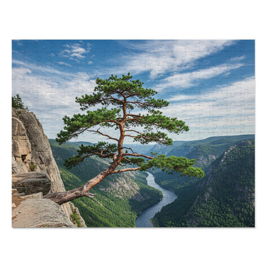 Cliffside Tree Jigsaw Puzzle (110, 252, 500, 1000, 2000 pcs) – Peaceful Nature, Mountain & River Design, Serene Forest Scene