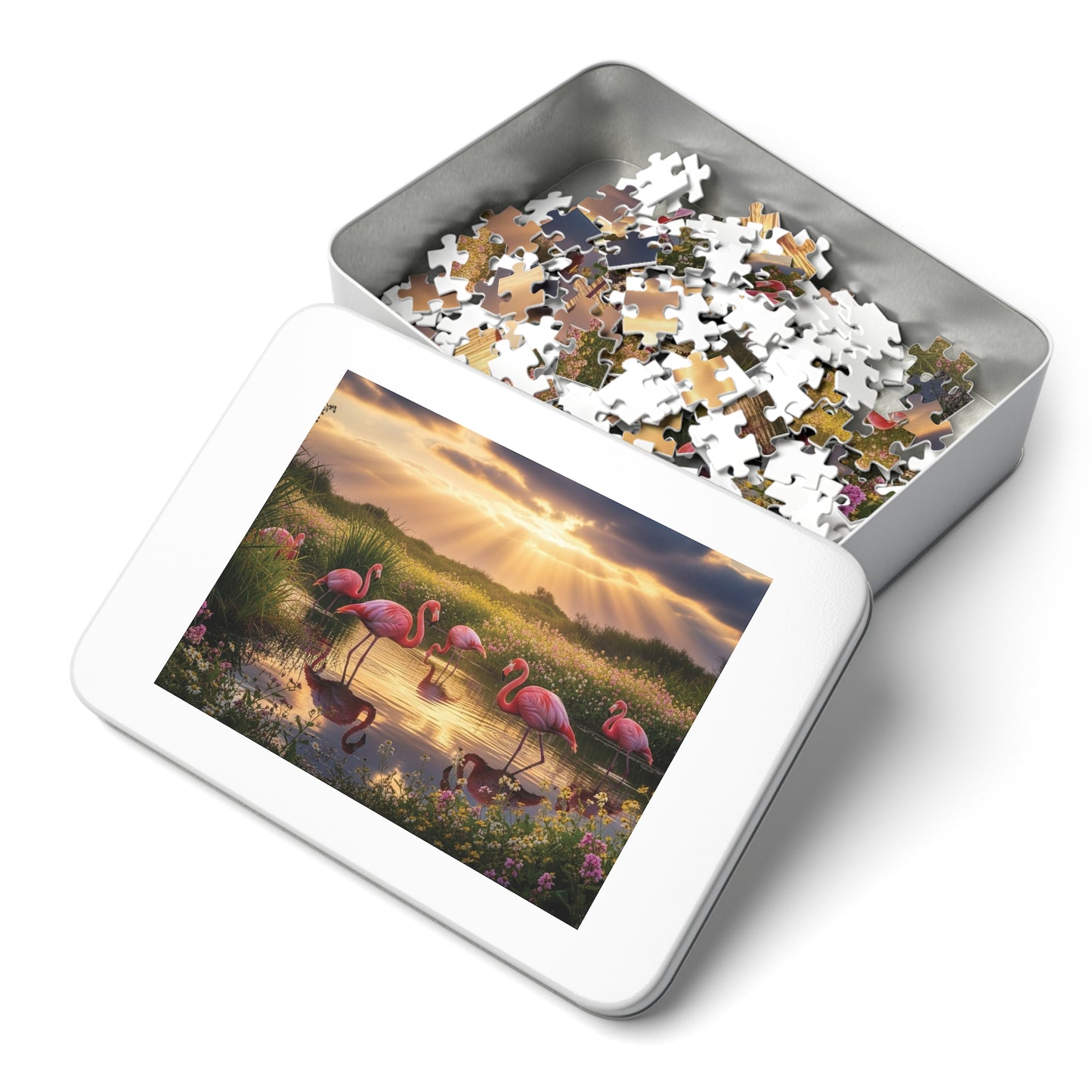 Flamingo Sunset Paradise Jigsaw Puzzle | Serene Nature Wildlife Scene at Golden Hour