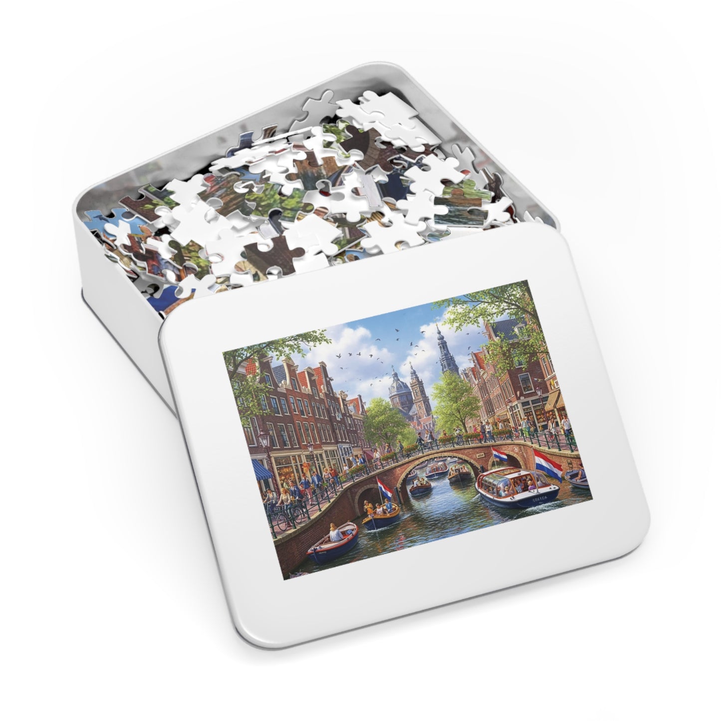 European Canal City Jigsaw Puzzle Scenic Bridge and Boat Scene