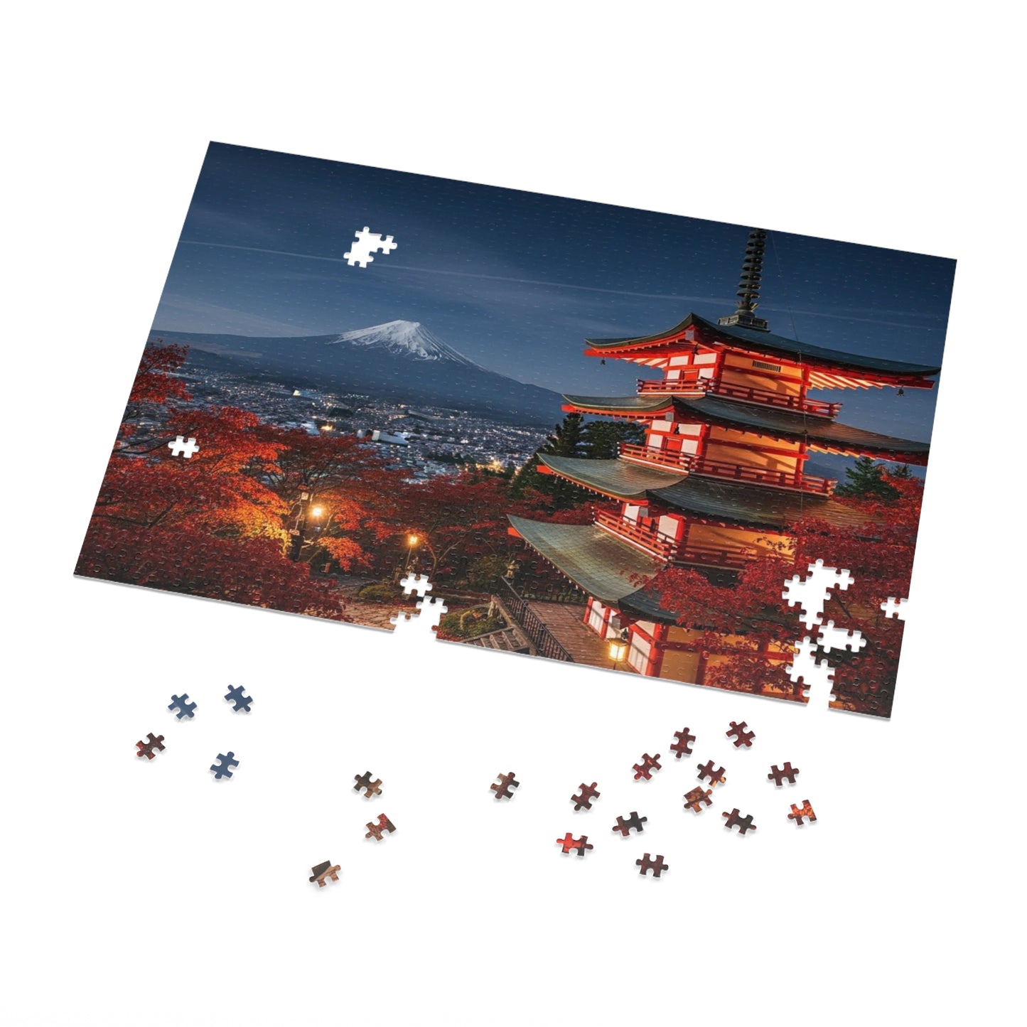 Mount Fuji Night Pagoda Jigsaw Puzzle 🌙🗻 Autumn Temple View, Japan City Lights & Crimson Maples