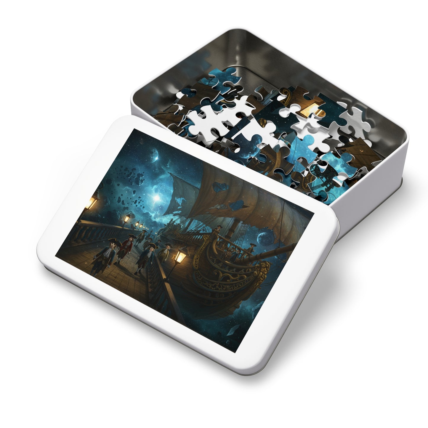 Fantasy Night Ship Jigsaw Puzzle Moonlit Sky and Lantern Deck Scene