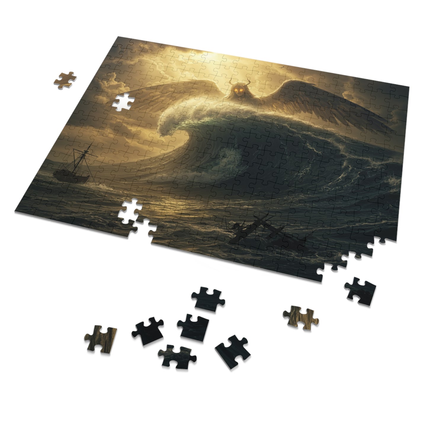 110, 252, 500, 1000, 2000 Mythic Sea Angel Rising | Stormy Ocean Wave Fantasy Art | Shipwreck & Light Beams | Surreal Winged Creature Wall Decor, Fantasy Jigsaw Puzzle with Tin