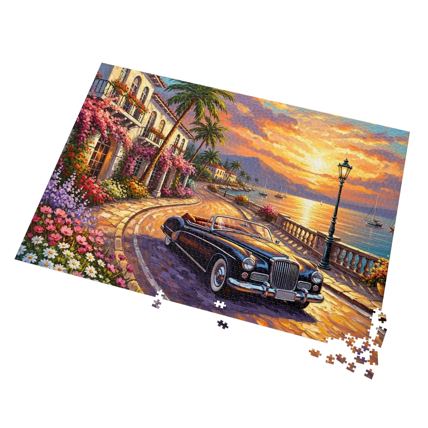 Vintage Convertible Coastal Sunset Jigsaw Puzzle