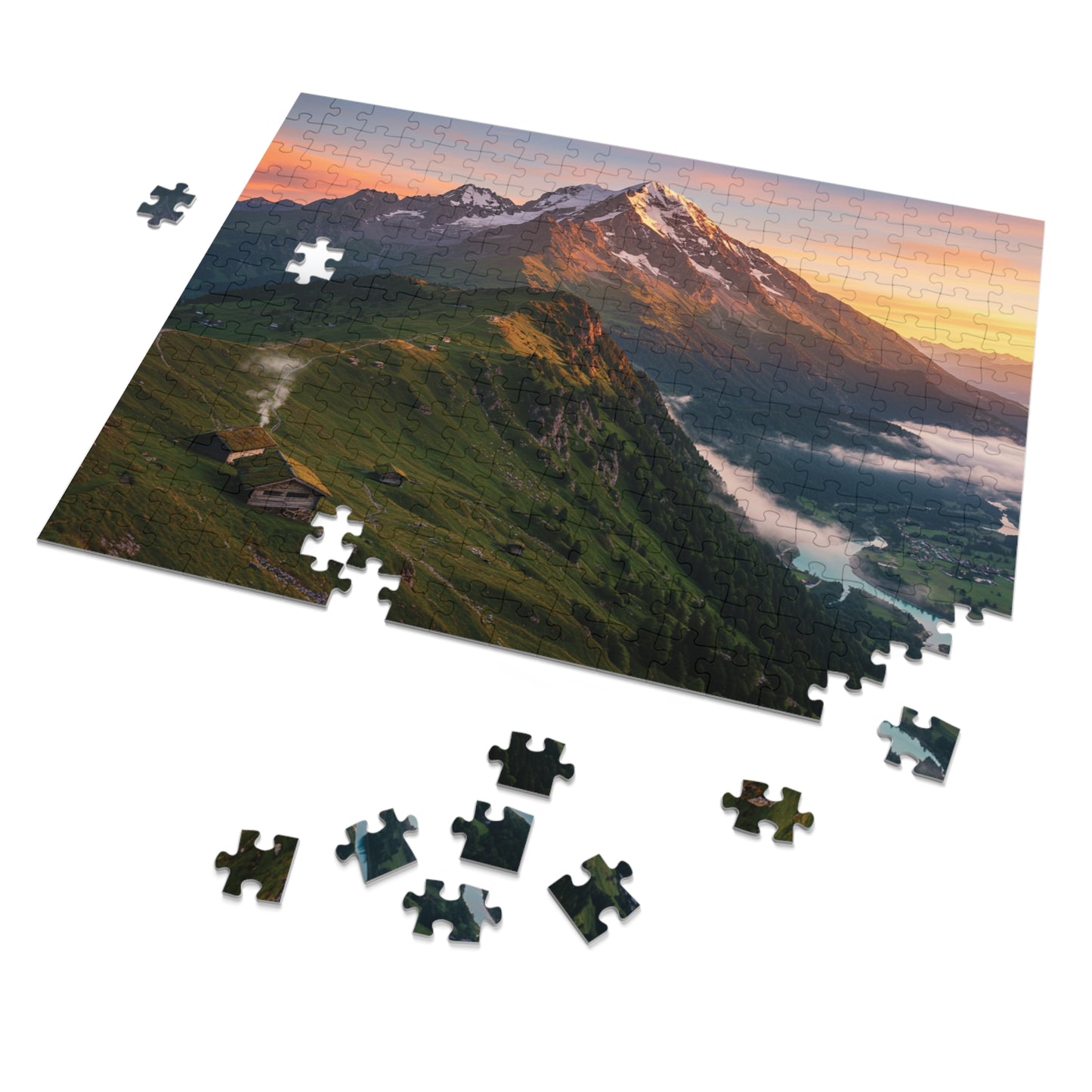 Sunrise Over Forested Hills Jigsaw Puzzle (252, 500, 1000, 2000 pcs) – Cabins, Snowy Ridge & Glowing Sky