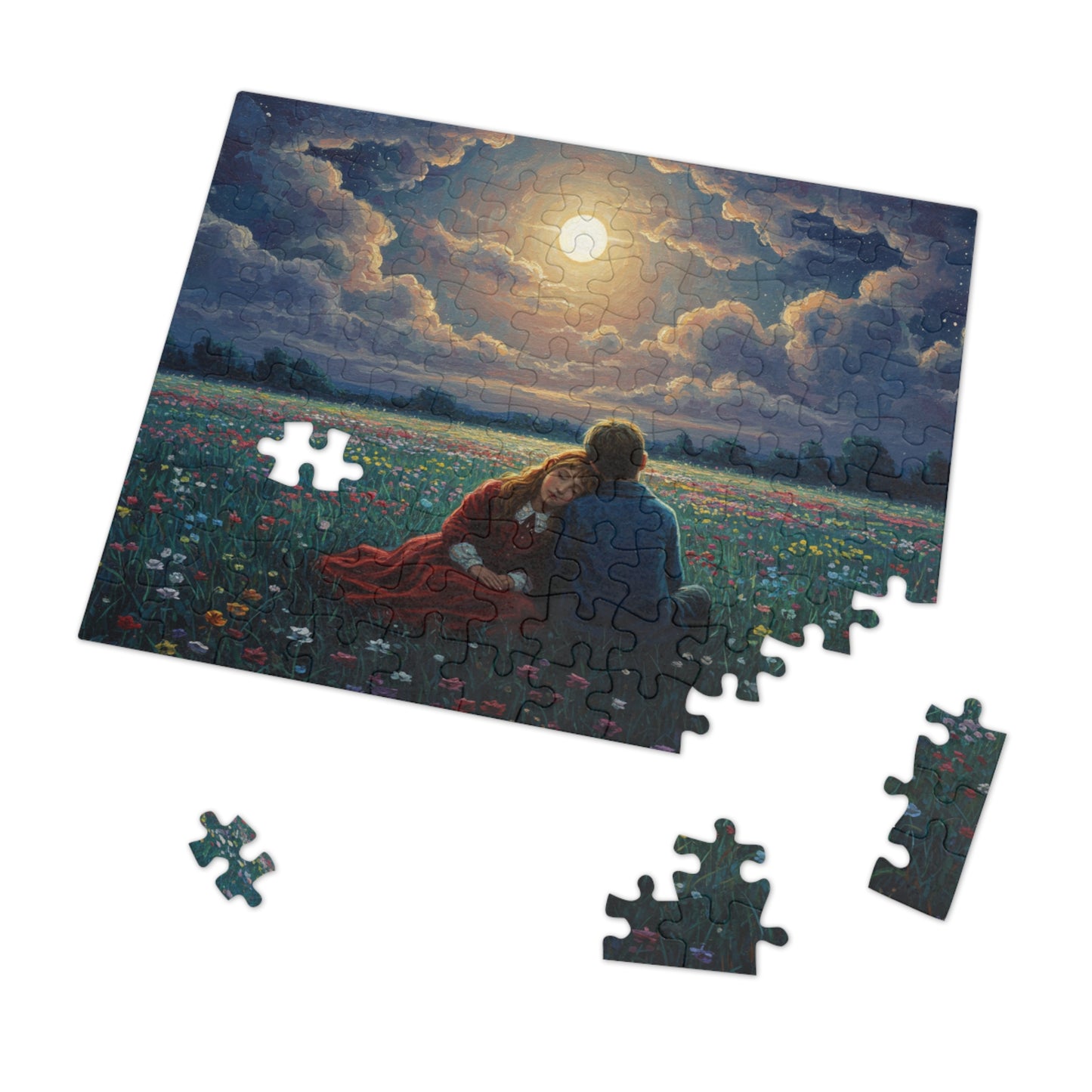 110, 252, 500, 1000, 2000 Romantic Moonlight Jigsaw Puzzle, Starry Night Romance Puzzle, Couple Under Moonlight in Meadow, Lovers Resting in Flower Field