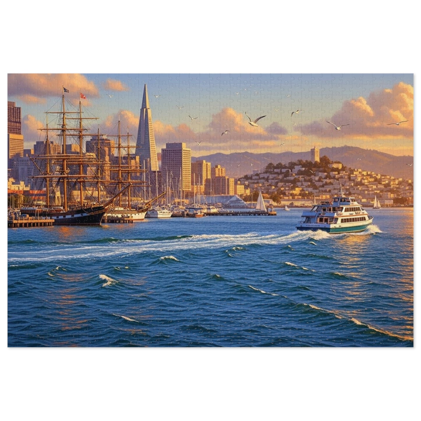 Coastal City at Sunset Jigsaw Puzzle | Nautical Waterfront Art
