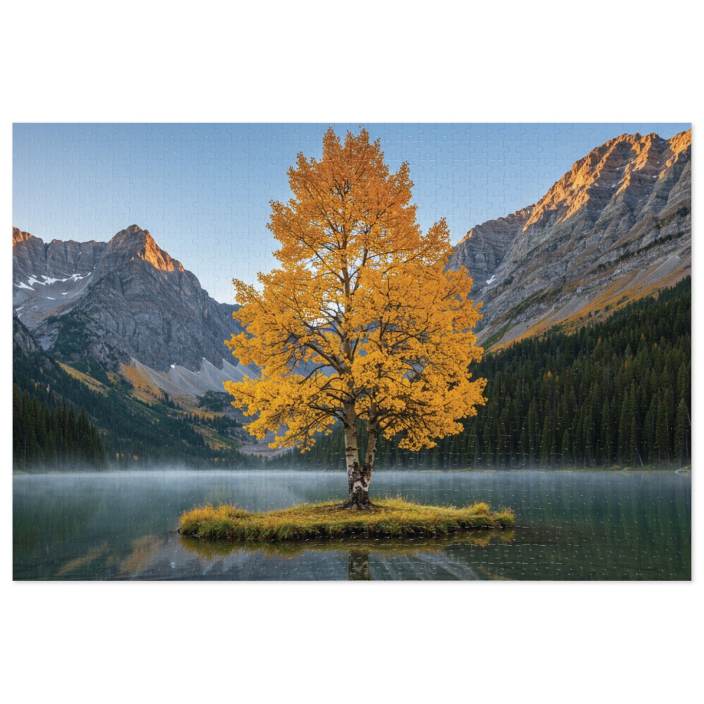 110, 252, 500, 1000, 2000 Autumn Landscape Jigsaw Puzzle with Tin, Golden Autumn Tree Lake Puzzle, Autumn Tree & Calm Waters, Misty Lake and Rocky Peaks Jigsaw