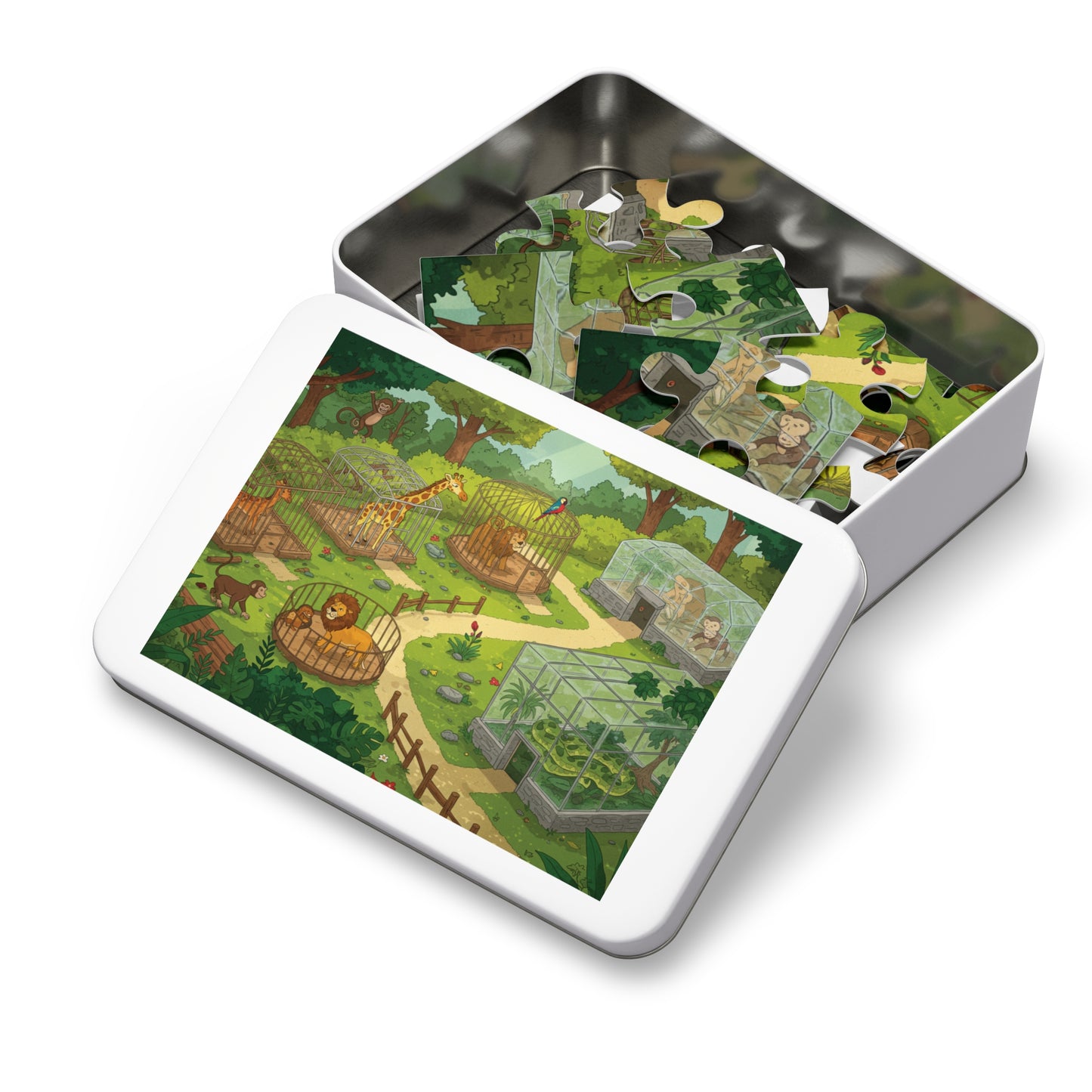 30, 110, 252 pcs Whimsical Zoo Jigsaw Puzzle, Cartoon Zoo Jigsaw Puzzle, Giraffes, Lions, Monkeys, and Parrots, Animated Animal Park Jigsaw, Lively Zoo Puzzle, Family Friendly Zoo Jigsaw Puzzle