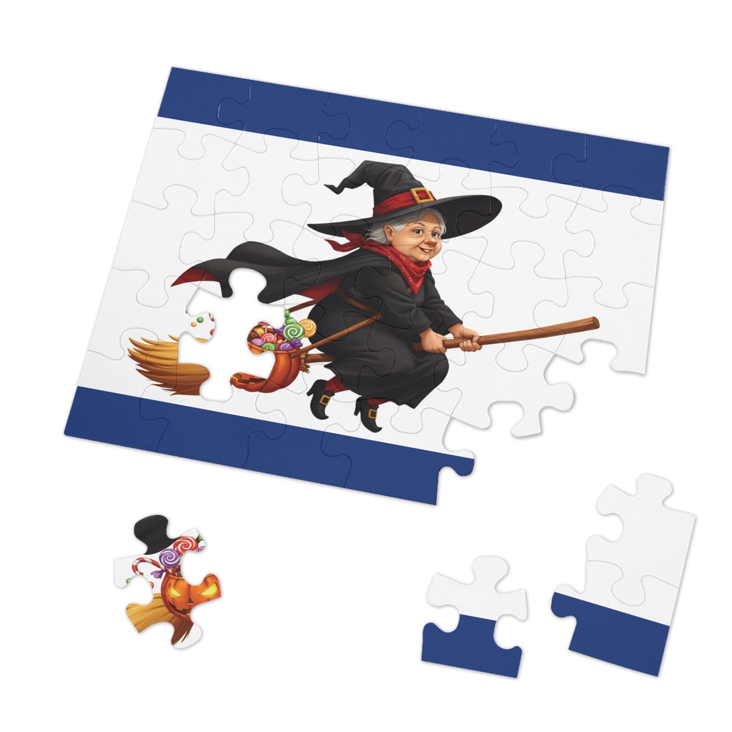 30, 110, 252, 500 Cartoon Witch on Broom Halloween Jigsaw Puzzle – Trick or Treat Theme, Halloween Witch Puzzle, Halloween Candy Pumpkin Art, Broomstick Ride & Sweets