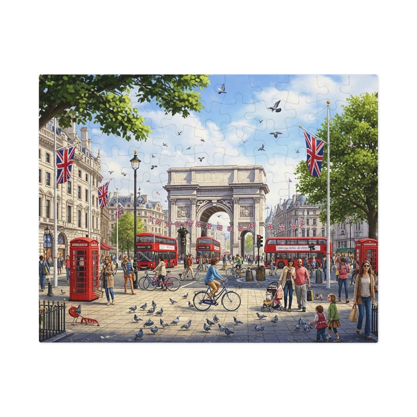 Historic London Arch Jigsaw Puzzle with Red Buses Cyclists and Crowds
