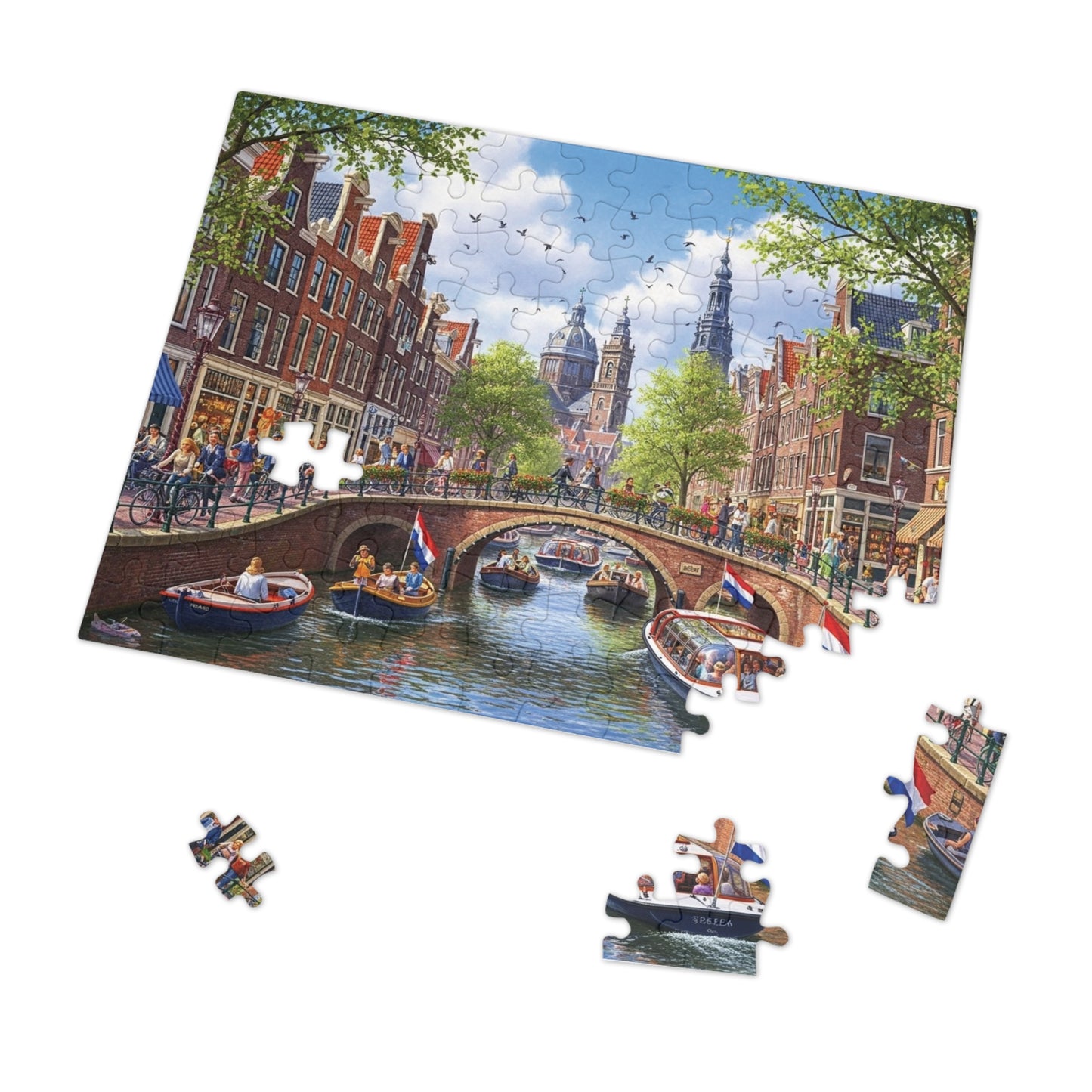 European Canal City Jigsaw Puzzle Scenic Bridge and Boat Scene