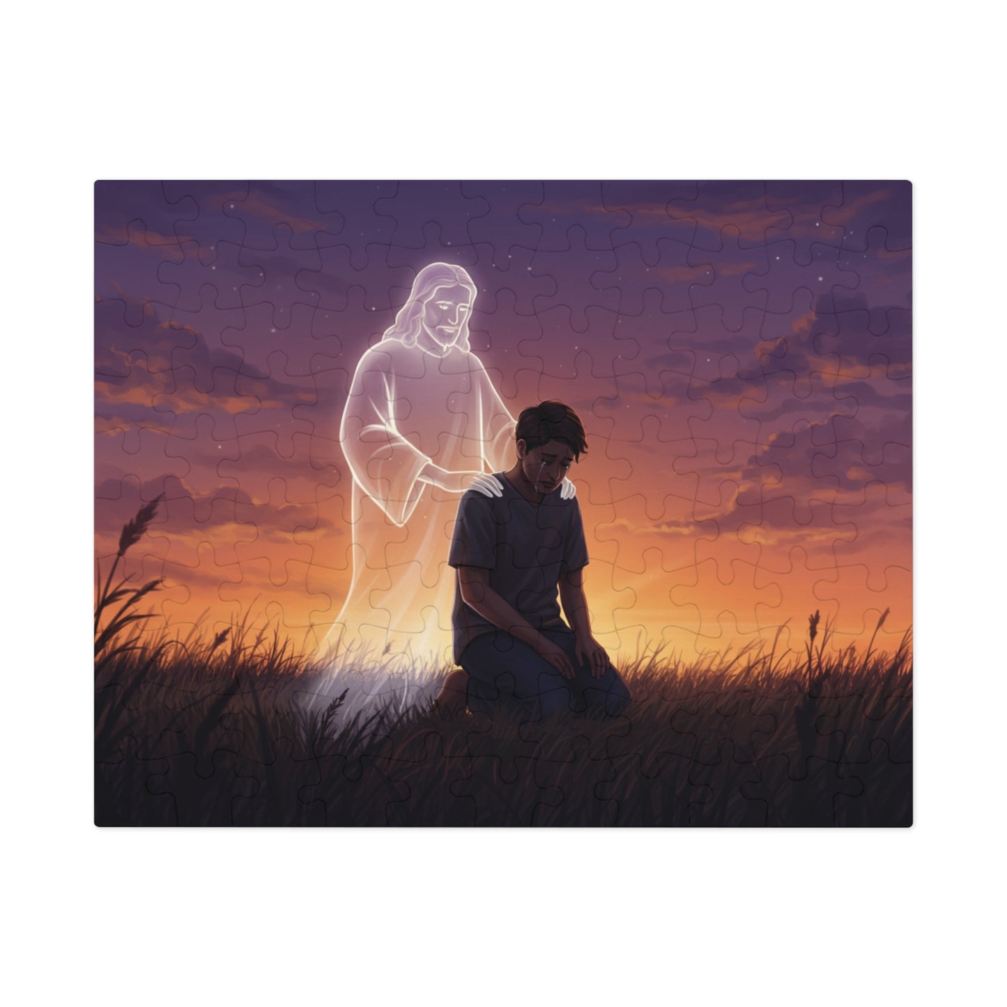 110, 252, 500, 1000 Spiritual Reflection Jigsaw Puzzle with Tin, Sunset Prayer and Heavenly Light Design, Kneeling Figure, Angelic Presence Jigsaw puzzle