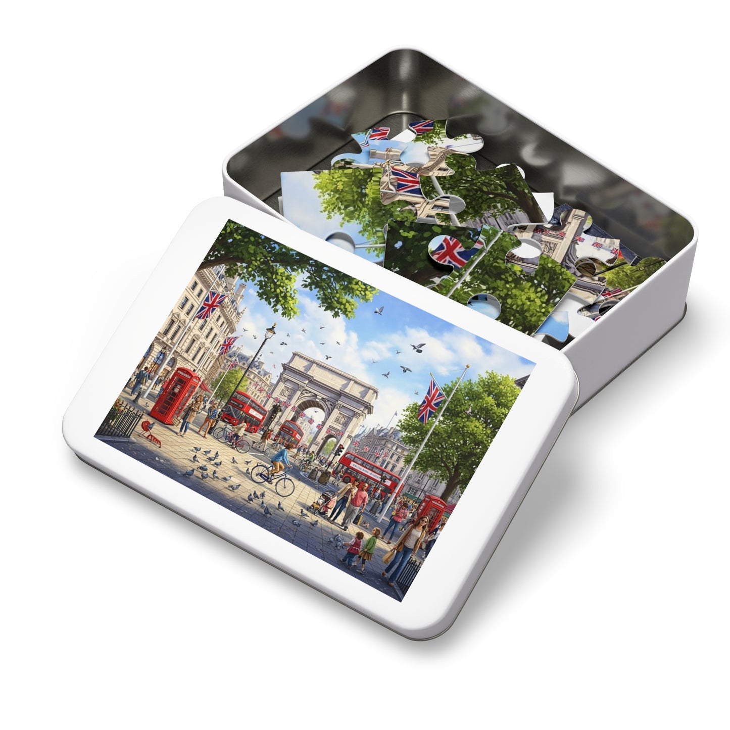 Historic London Arch Jigsaw Puzzle with Red Buses Cyclists and Crowds