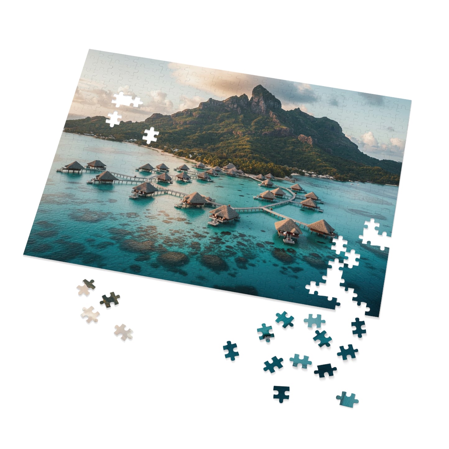 110, 252, 500, 1000, 2000 pcs Tropical Island Jigsaw Puzzle, Scenic Paradise Puzzle, Exotic Vacation Puzzle, Breathtaking Tropical Bay with Overwater Retreats