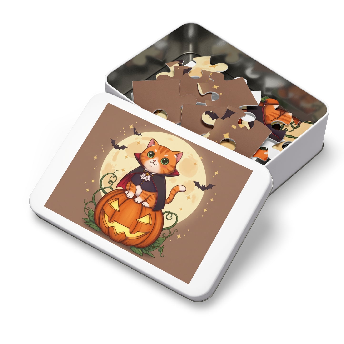 30, 110, 252 pcs Halloween Cat Jigsaw Puzzle, Cute Halloween Puzzle, Cartoon Kitten in Cape on Glowing Pumpkin, Halloween Night Scene with Bats and Moon