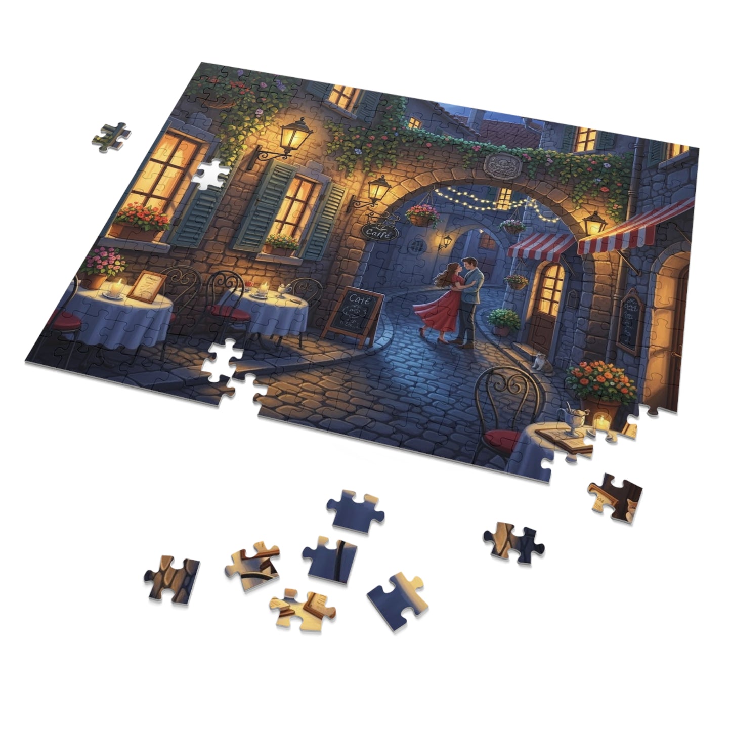 Romantic Café Alley Jigsaw Puzzle | Cozy European Evening Scene