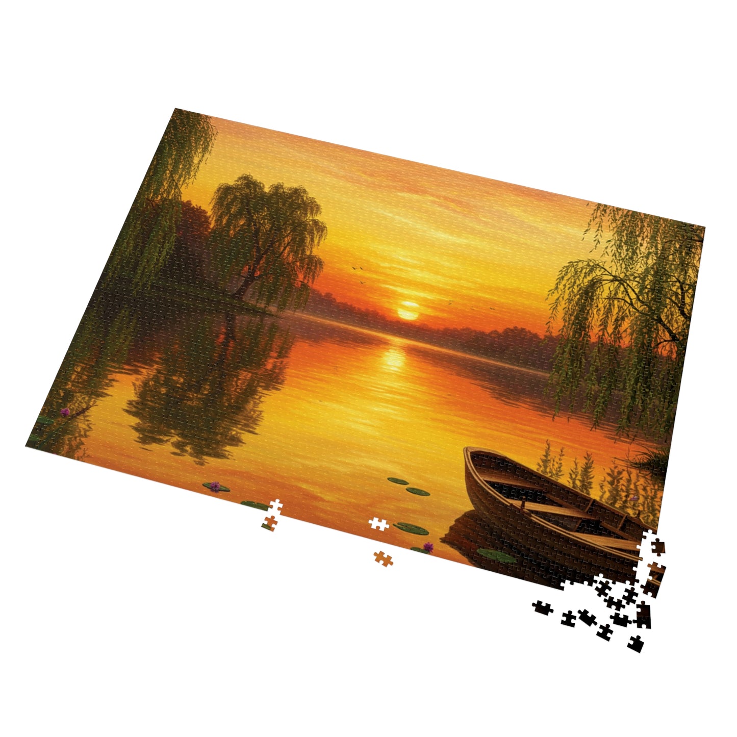 110, 252, 500, 1000, 2000 Golden Sunset Rowboat Puzzle, Sunset Over Still Waters, Boat at Dusk Puzzle, Tranquil Willow Tree Sunset, Golden Hour Reflection Puzzle, Sunset Reflection on Lake Puzzle, Rowboat on Calm Waters Puzzle