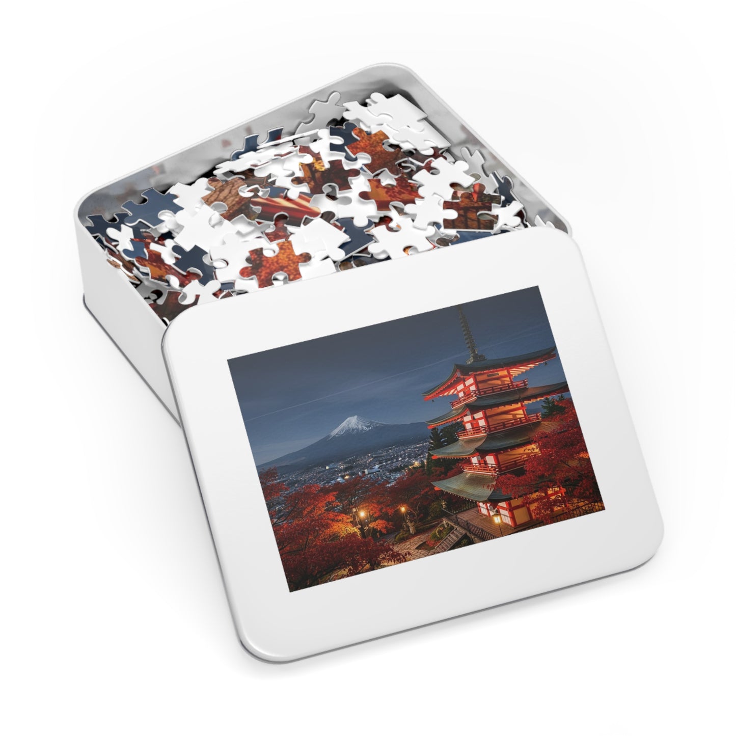 Mount Fuji Night Pagoda Jigsaw Puzzle 🌙🗻 Autumn Temple View, Japan City Lights & Crimson Maples