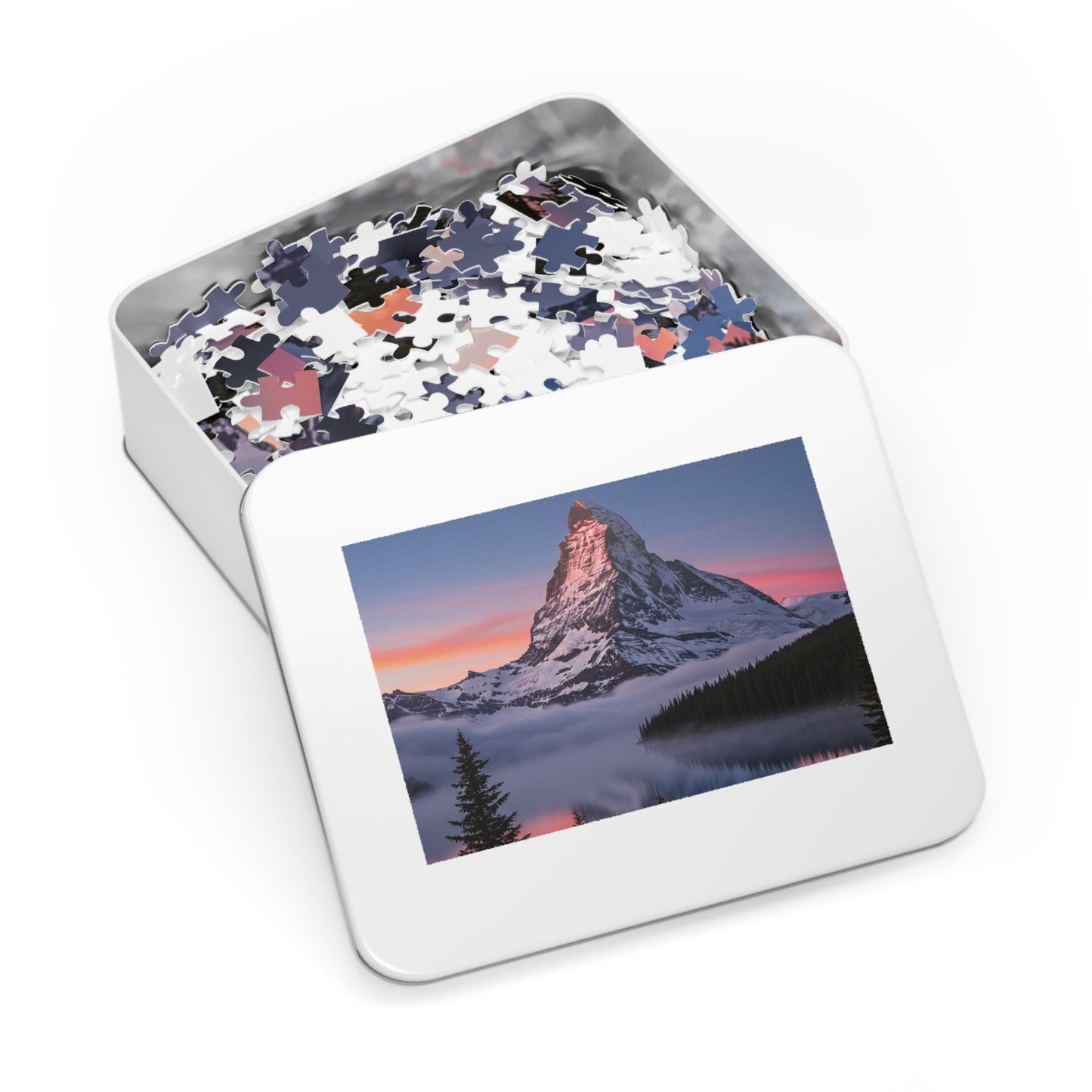 110, 252, 500, 1000, 2000, Snowy Mountain Peak Jigsaw Puzzle –  Alpine Majesty & Mirror Lake Sunset Scene, Scenic Nature Puzzle in Gift Tin (252–2000 Pieces)