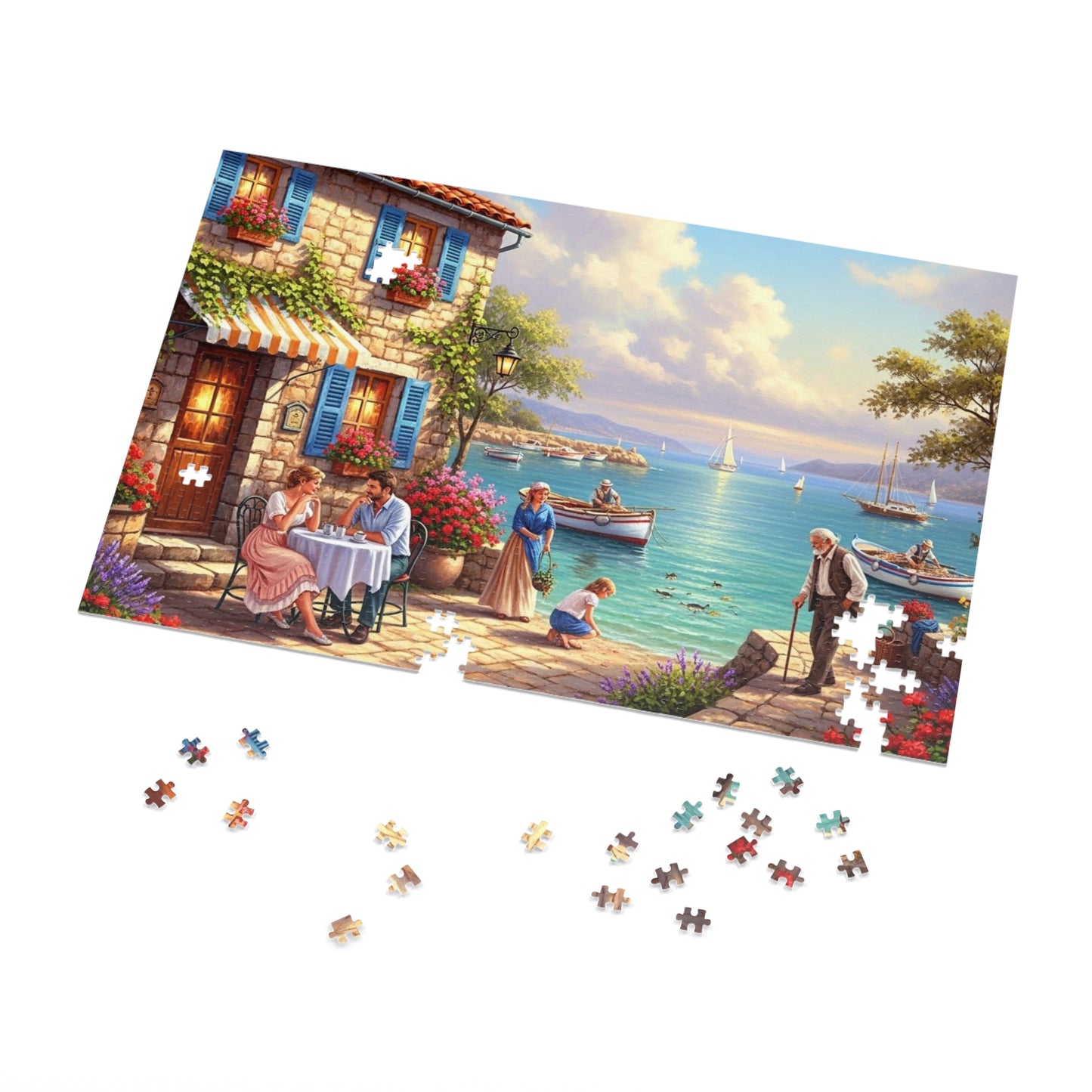 Mediterranean Seaside Café Puzzle | Charming Coastal Village, Sailboats, Flowers & Sunset Life