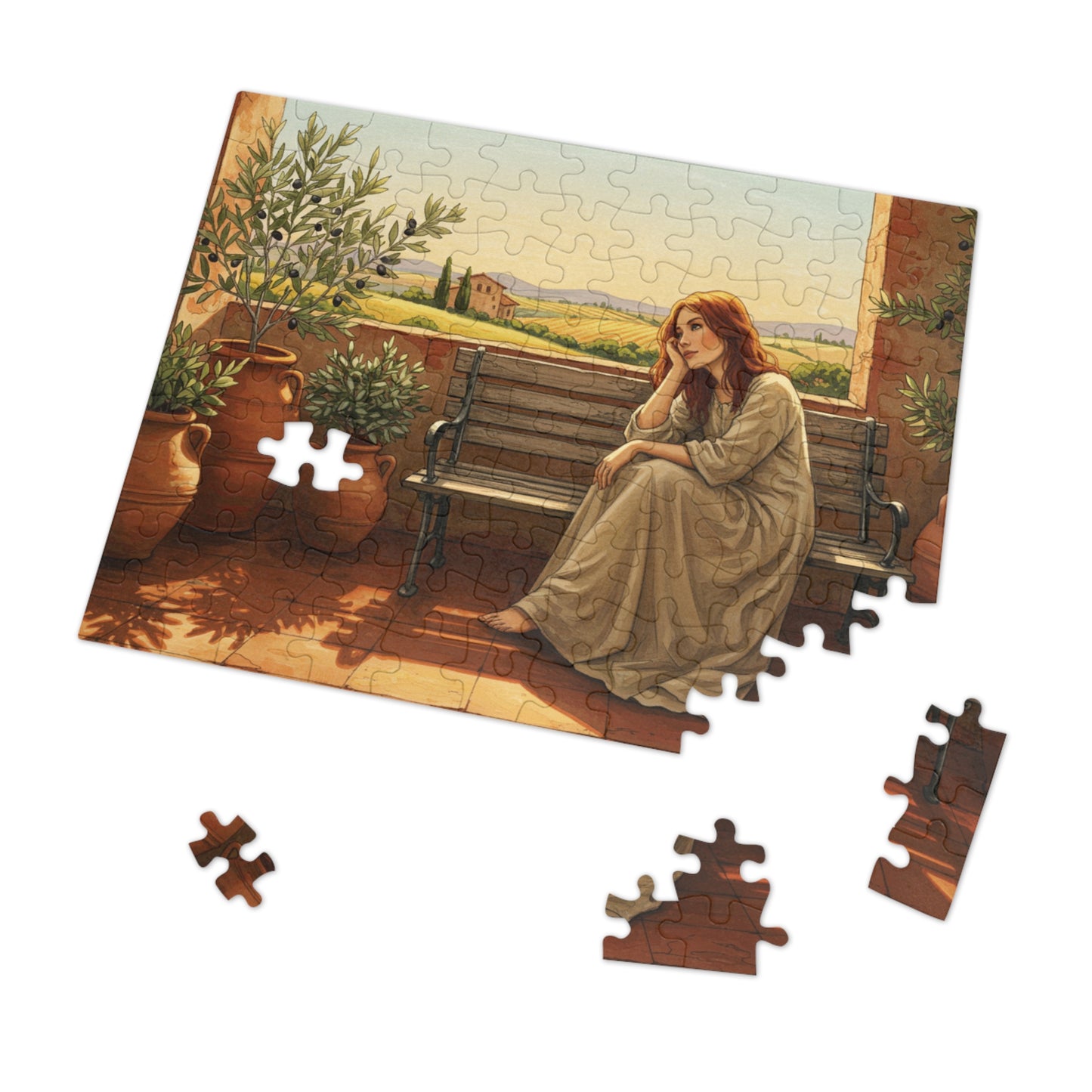 110, 252, 500, 1000, 2000 pcs Rustic Countryside Jigsaw Puzzle, Woman on Bench with Olive Trees, Mediterranean Landscape Puzzle