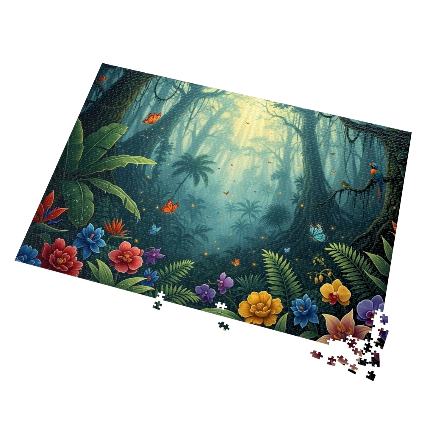 Enchanted Tropical Forest Puzzle with Butterflies, Exotic Flowers and Golden Light