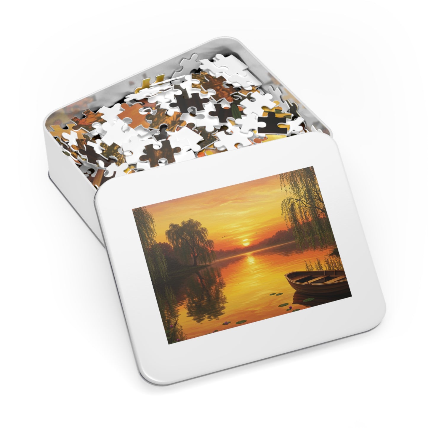110, 252, 500, 1000, 2000 Golden Sunset Rowboat Puzzle, Sunset Over Still Waters, Boat at Dusk Puzzle, Tranquil Willow Tree Sunset, Golden Hour Reflection Puzzle, Sunset Reflection on Lake Puzzle, Rowboat on Calm Waters Puzzle